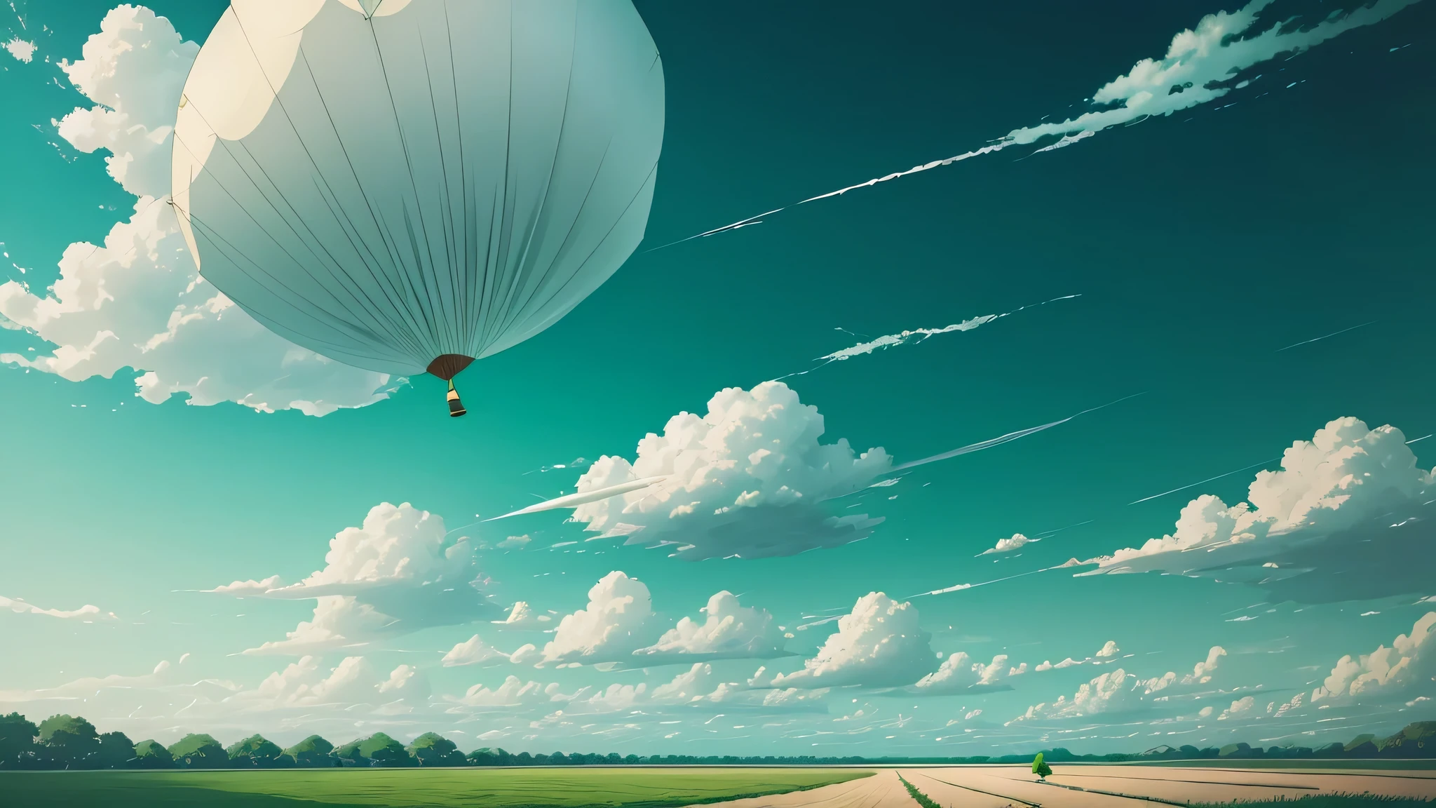 Endless green sky,There is only one white kite,HD,4k,best quality,Hayao Miyazaki style