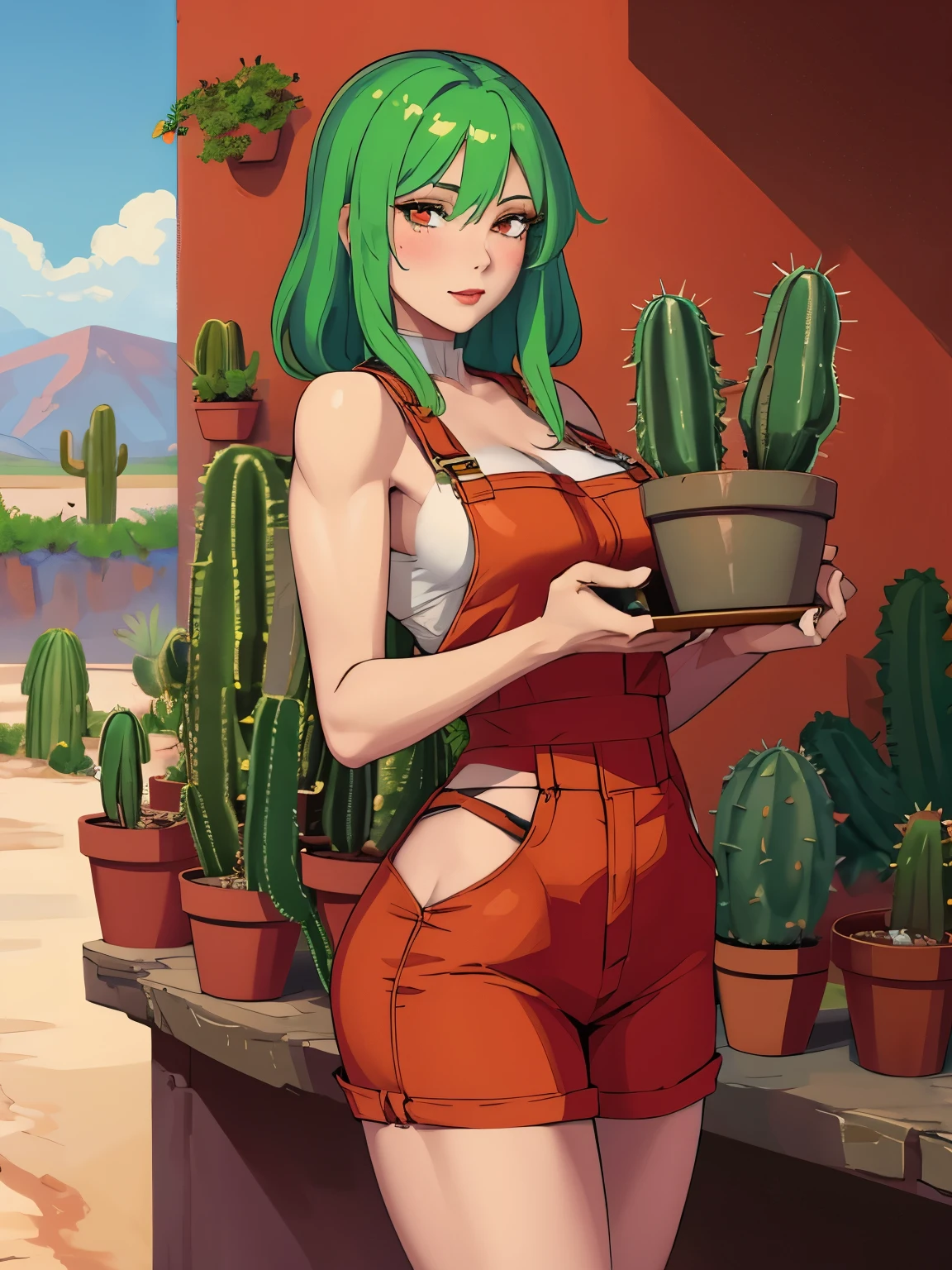 (masterpiece, best quality:1.2), aka6, 1girl, solo, green hair, medium hair, red eyes, lips, red lips, closed mouth, blush, orange overall, cowboy shot, thighs, in desert, cactus in background, holding plant pot with cactus