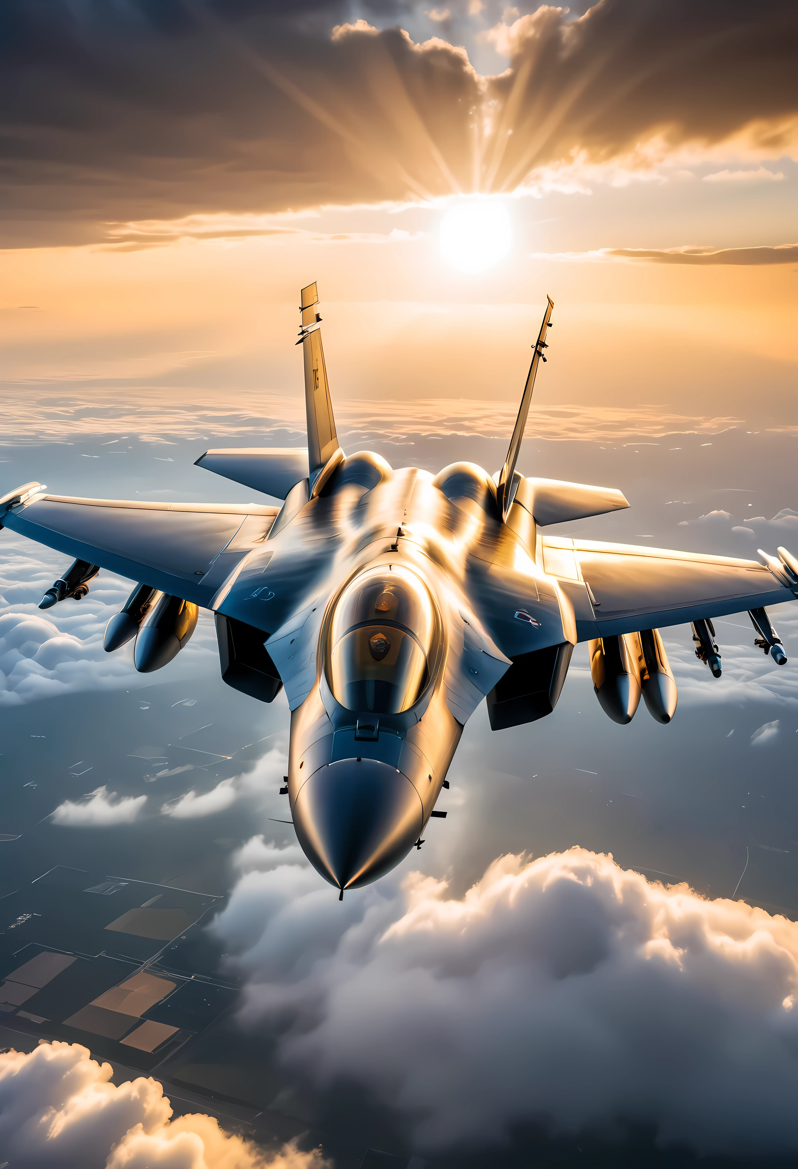 wide shot photo of Modern Fighter Jet, RAW, ((Fighter Jet):1.3), ((Majestic Decal):1.1), ((Tyndall Effect):1.5), ((Sunlight penetrating cloud)1.4), ((Golden Hour):1.2), (finely detailed airplane), (detailed airplane), (flying near clouds) (warm colors), breeze, breeze, reflection, (masterpiece), (perfect aspect ratio), (realistic photo), (best quality), (detailed) photographed on a Canon EOS R5, 50mm lens, F/2.8, HDR, (8k) (wallpaper) (cinematic lighting) (dramatic lighting) (sharp focus) (intricate).