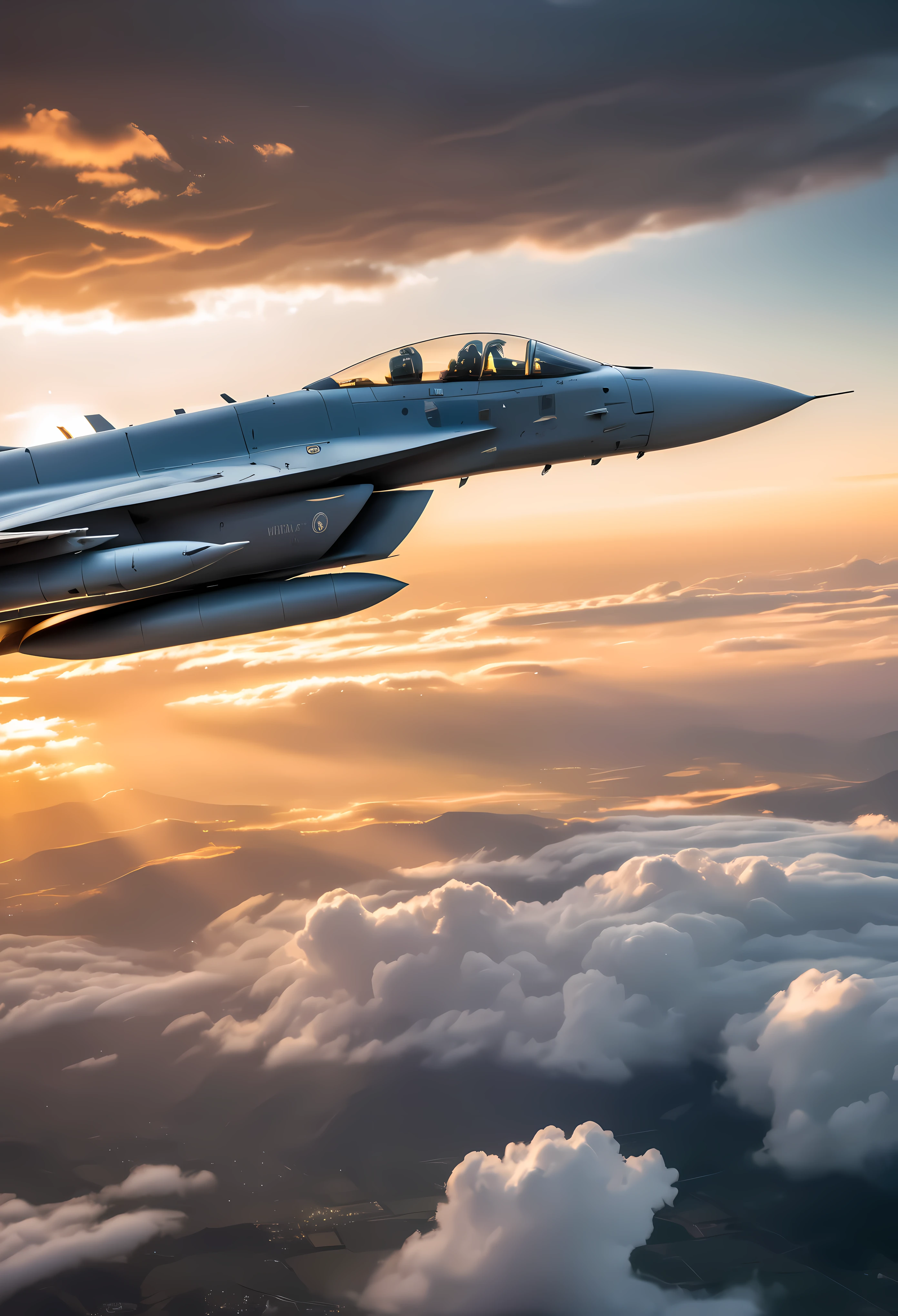 wide shot photo of Modern Fighter Jet, RAW, ((Fighter Jet):1.3), ((Majestic Decal):1.1), ((Tyndall Effect):1.5), ((Sunlight penetrating cloud)1.4), ((Golden Hour):1.2), (finely detailed airplane), (detailed airplane), (flying near clouds) (warm colors), breeze, breeze, reflection, (masterpiece), (perfect aspect ratio), (realistic photo), (best quality), (detailed), (cinematic lens), HDR, (8k) (wallpaper) (cinematic lighting) (dramatic lighting) (sharp focus) (intricate).