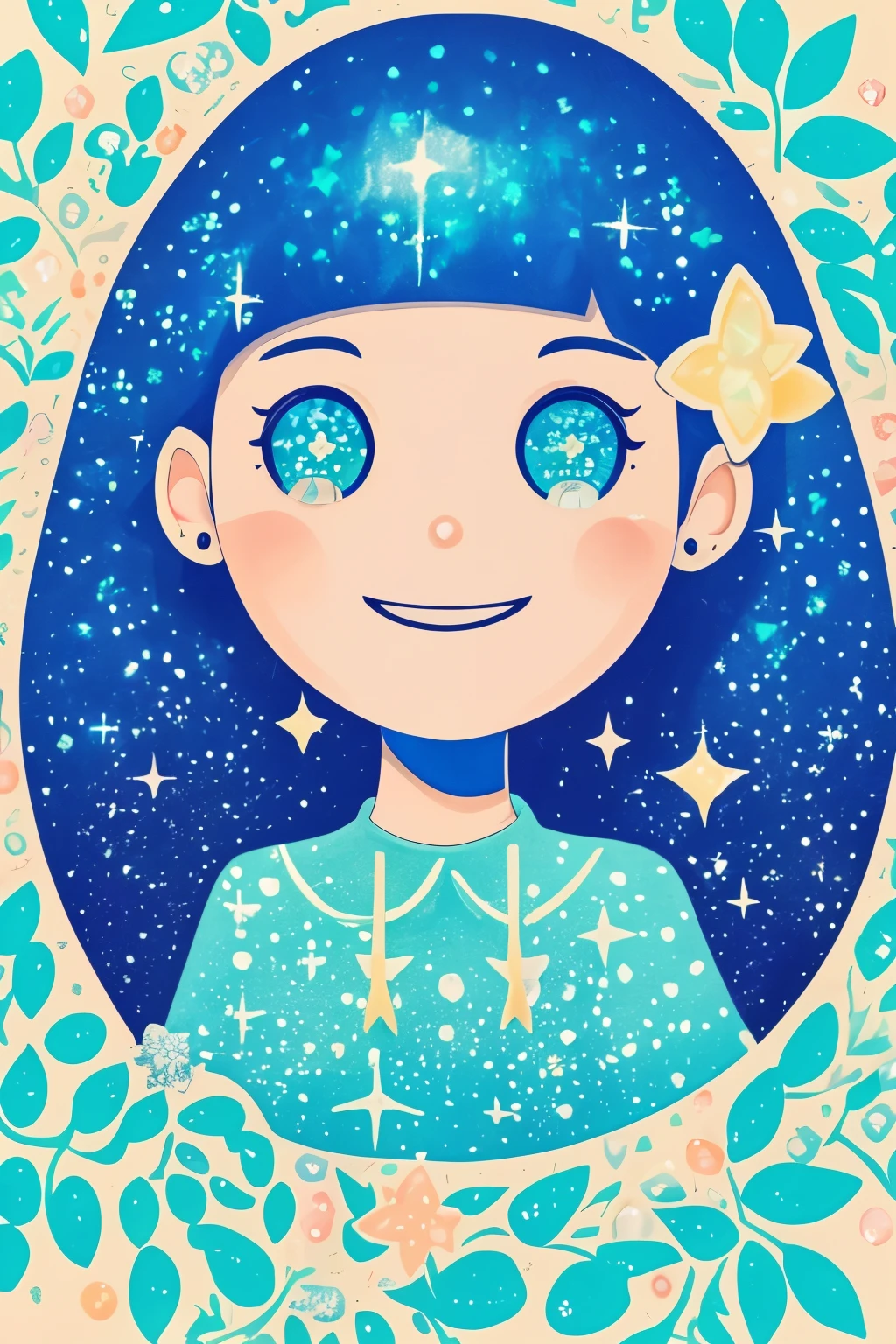 girl with、Clean hair ornament, Cute surreal bodies bien、(Detailed eyes, Eyes Like Gems, Sparkling eyes:1.3) , a smile,  Blue sky, (Risograph)