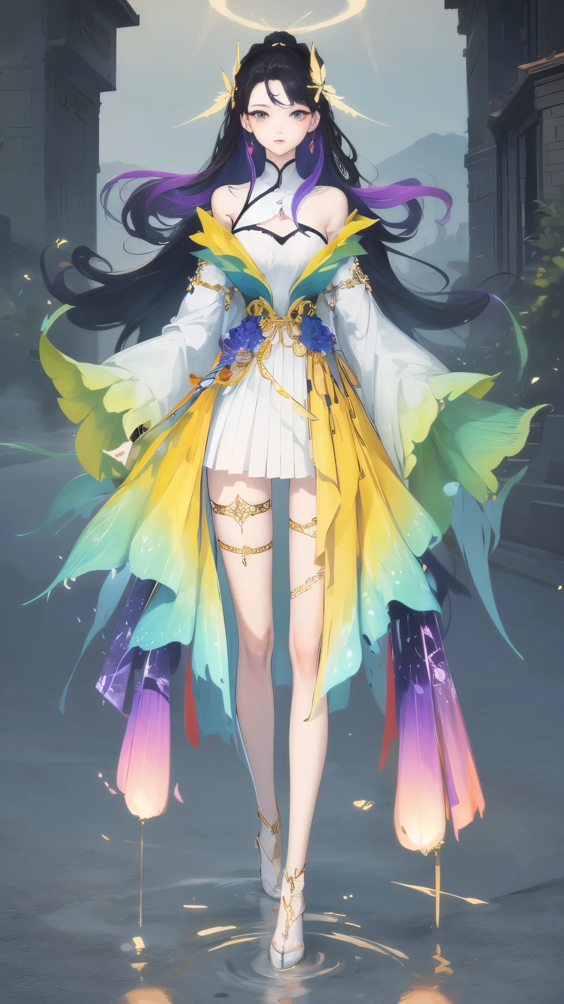 1 girl, masterpiece, Very detailed, ((Light)), (發Light), ((dramatic Lighting)), ((Beautiful and detailed Light)), Full body painting，intricate details, 镜头Light晕, Colorful hair, rainbow hair, long hair, colorful clothes, Butterfly髮飾, Butterfly, (Light particles), faint smile, green eyes, temple, spotLight, dark background, Floating hair, Floating hair, looking at the audience,((colorful))，clear facial features，beautiful eyes，masterpiece