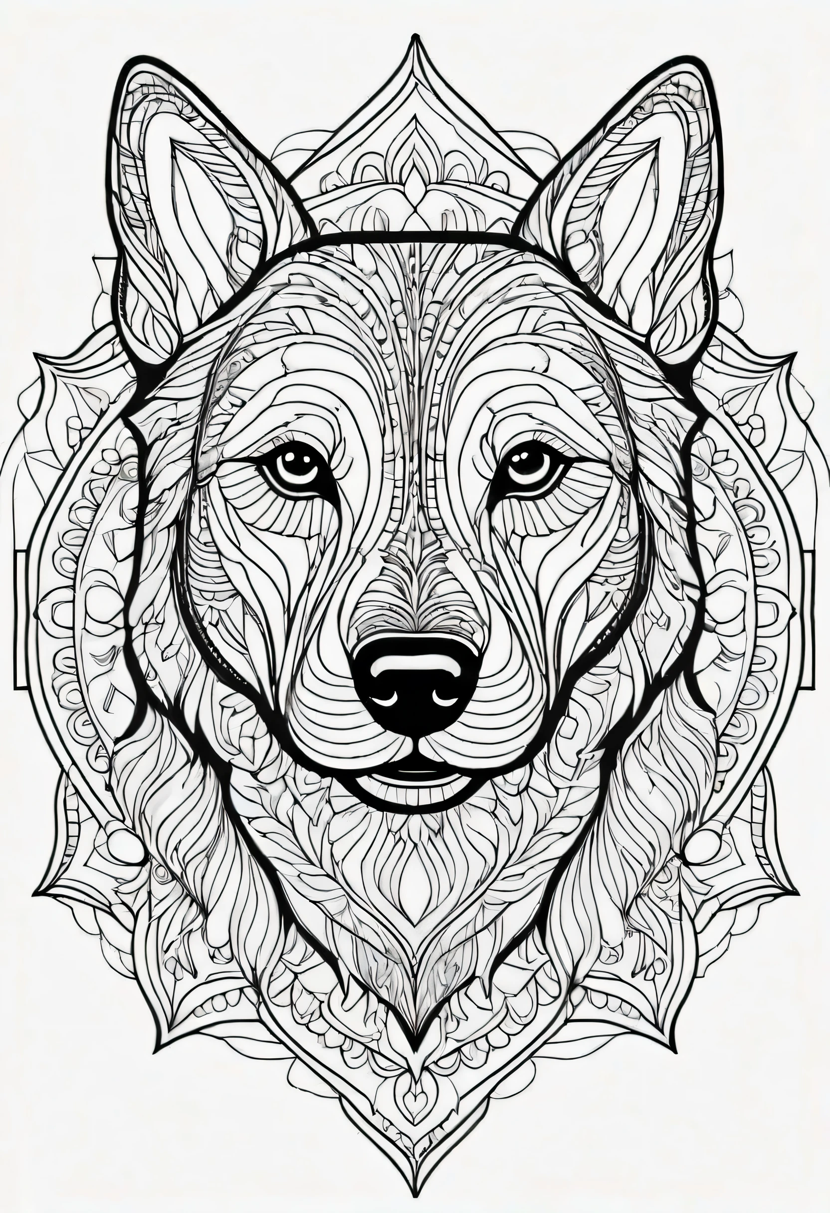 Coloring page for adults, linhas em negrito, linhas escuras, Mandala cara de cachorro, cara de mandala, symmetrical, fundo branco, arte de linha limpa, arte em linha fina