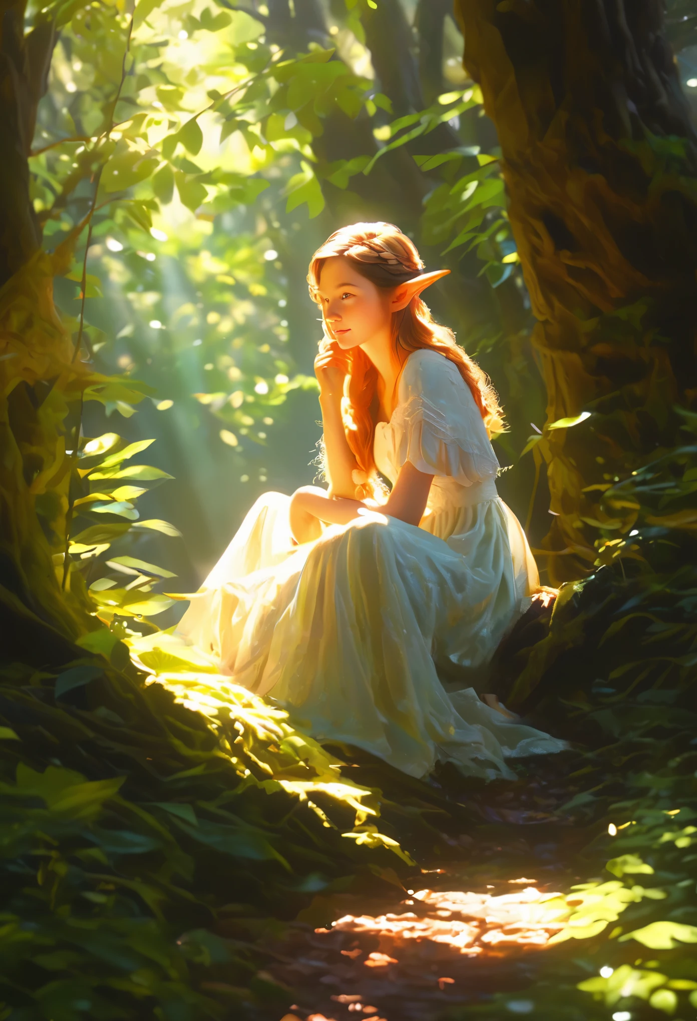 illustration,painting,acrylic painting,Tyndall effect,Tyndall lighting enhancement,Tyndall effect加强,Cute elf girl sitting in dense forest,Beautiful and delicate face,close up,The sun shines through the branches and casts shadows on her face,Strong light and dark,Tyndall effect,Tyndall lighting enhancement,Tyndall effect加强,Realistic light rendering,Realistic ray tracing,Realistic light reflections,8k,Super fine,Super realistic,Extreme details,dynamic perspective