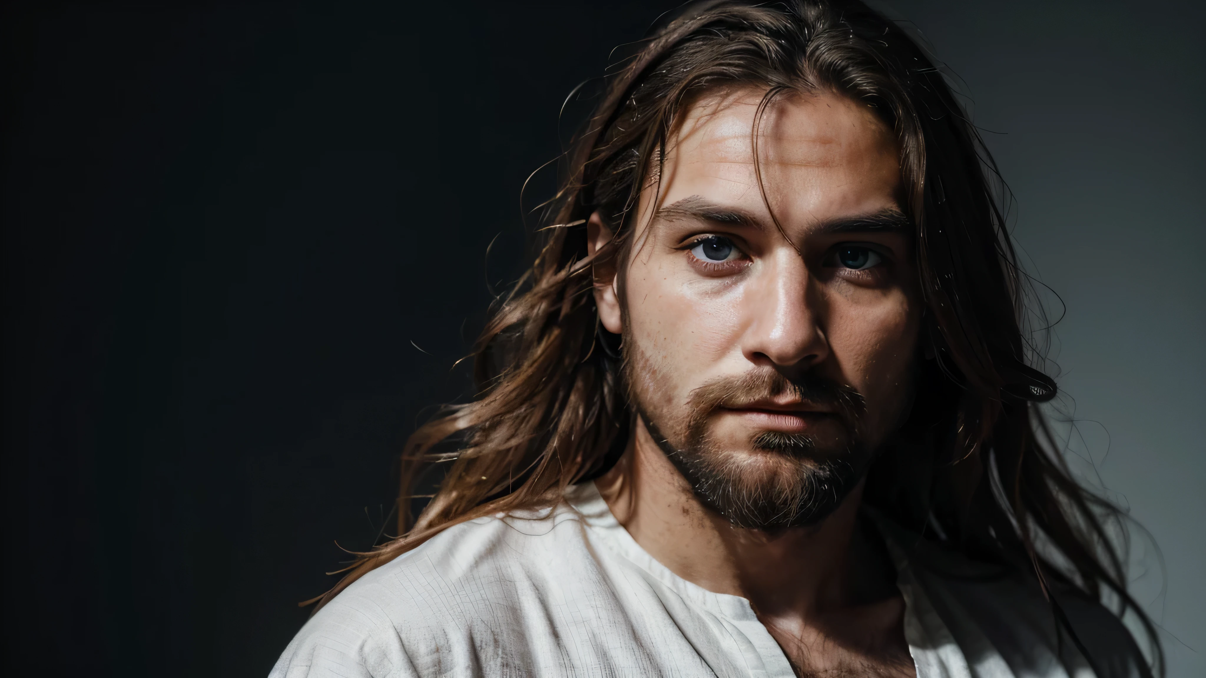 O rosto de um homem de 33 anos, com barba, cabelo longo, branco, olhos azuis, rosto ligeiramente de perfil, com um semblante austero, em um fundo escuro, in a branco tunic, fotorealistic image, 8K, foto, fotography, dramatic light, single light source,