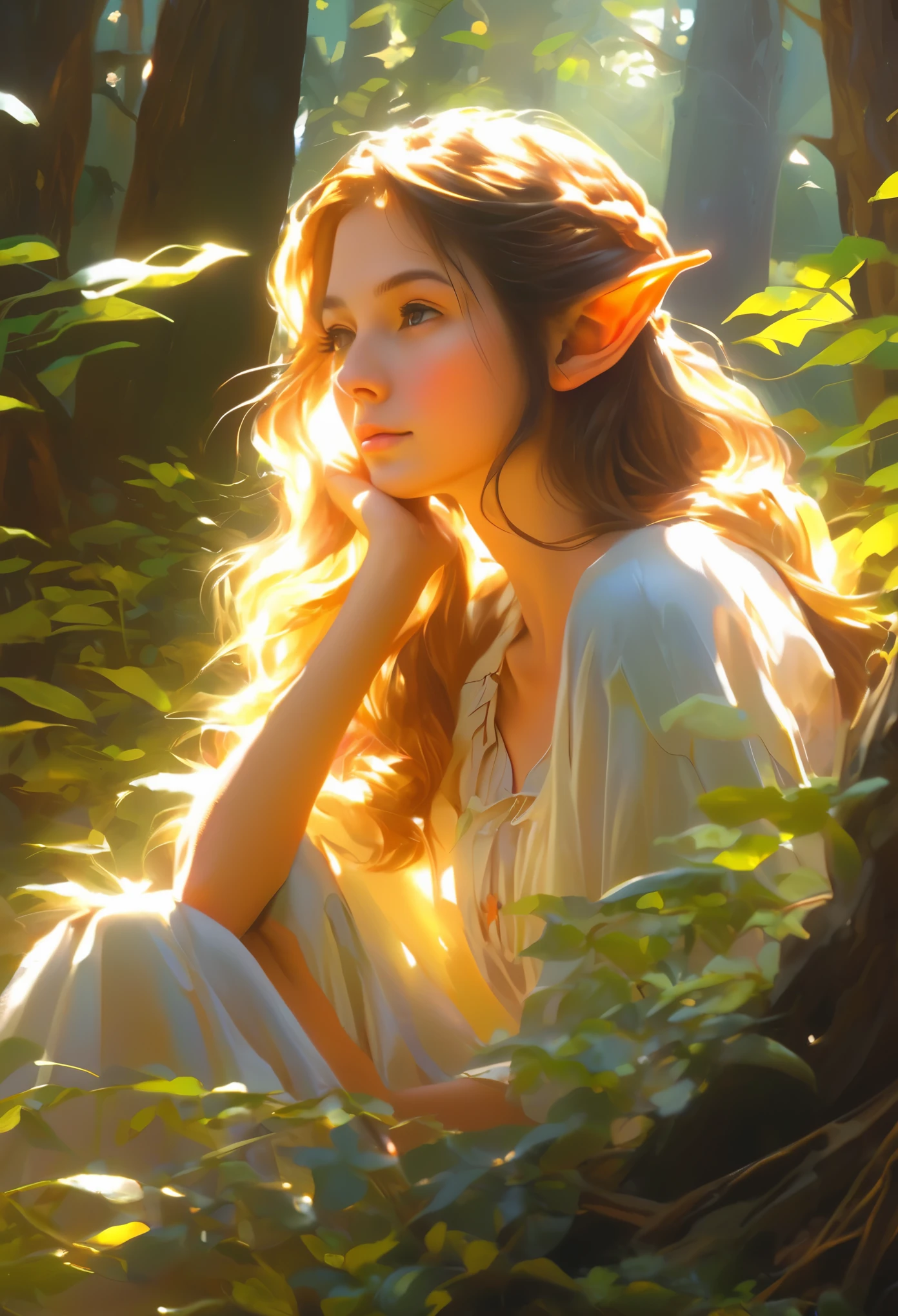 illustration,painting,acrylic painting,Tyndall effect,Tyndall lighting enhancement,Tyndall effect加强,Cute elf girl sitting in dense forest,Beautiful and delicate face,close up,The sun shines through the branches and casts shadows on her face,Strong light and dark,Tyndall effect,Tyndall lighting enhancement,Tyndall effect加强,Realistic light rendering,Realistic ray tracing,Realistic light reflections,8k,Super fine,Super realistic,Extreme details,dynamic perspective