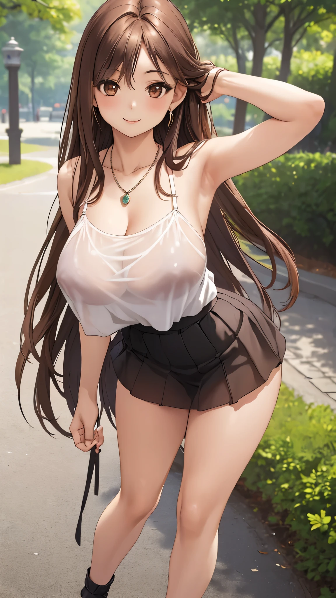 a woman posing for a photo while wearing camisole ,see underwear from miniskirt, 1girl, long hair, realistic, brown hair, huge breasts, smile , in park ,earring ,embarrassingly, see through wearing, leaning forward posture, peace sigh , necklace