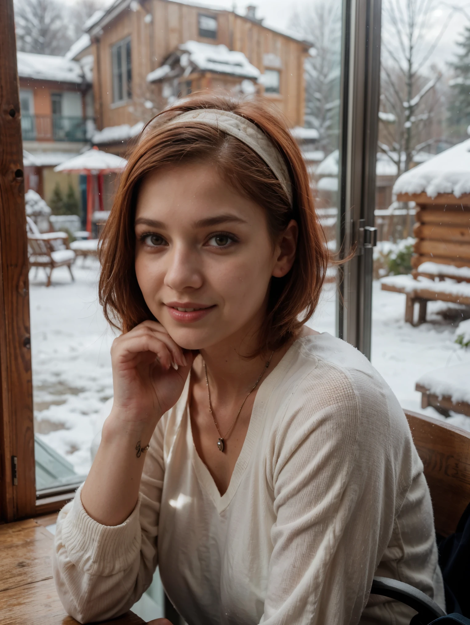 (perfect lighting, Perspectiva perfeita, 8k raw,Russian girl, Russian traits, natural red hair,1girl, maxilar bonito, Alto detalhado, peitos perfeitos, realistic, 8k raw,rosto detalhado, Red hair, olhando para o espectador, jewelry, (franja) sardas (olhos azuis) cabelo curto, corpo inteiro, short hair style, short red hair style) snow, hill, stream, touches the head, smiling, cachecol, headband, winter clothes, corpo inteiro, sits in the window of a cabin, wearing sweats, snowing,