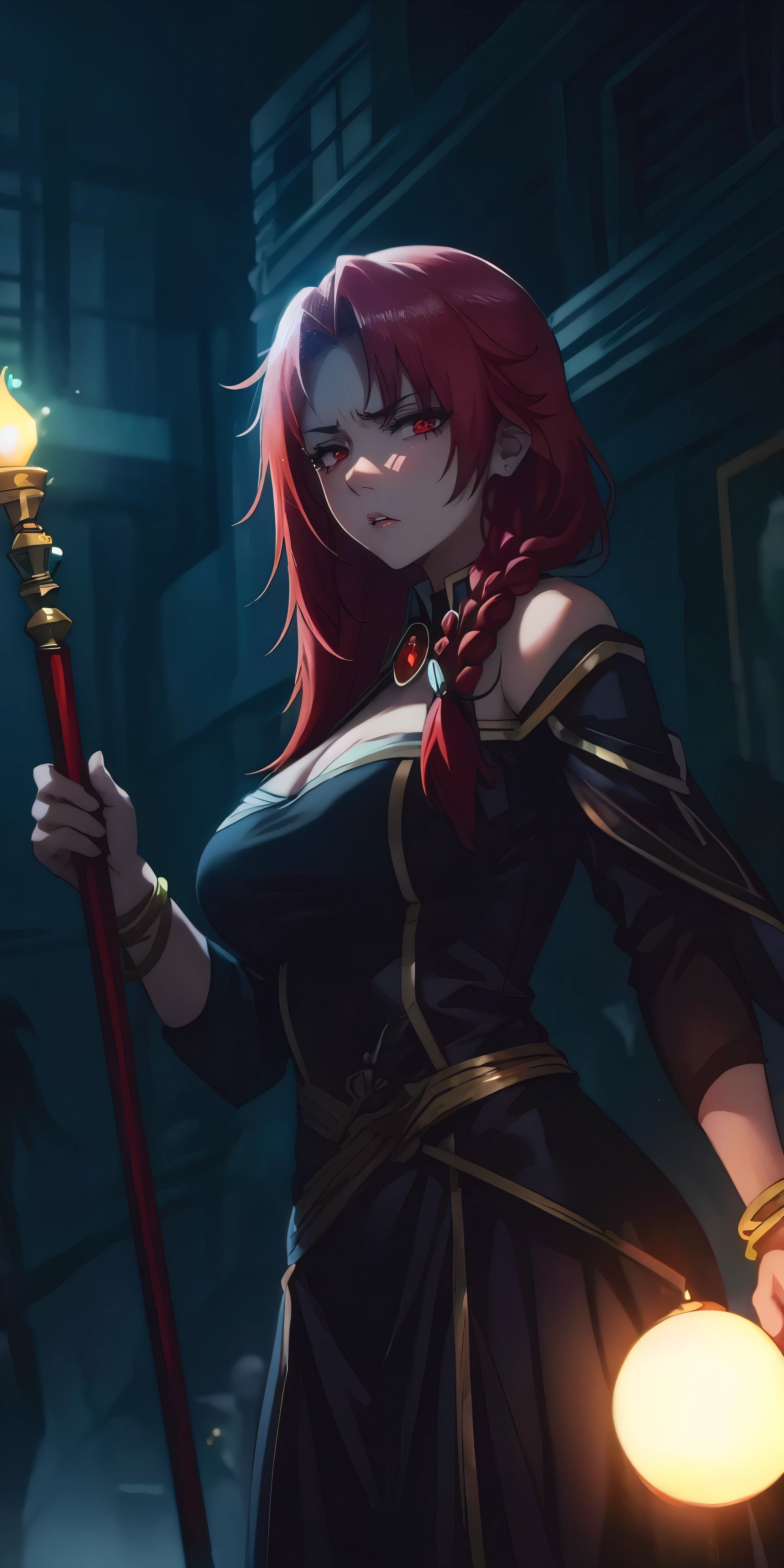 red hair, long hair, braid, red eyes, iris, anatomically correct, best quality, masterpiece, high quality, high details, highres, HD, (shaded face:1.2), huge breasts, sagging breasts, staff, lips, bracelet, jewelry,  breasts, looking_at_viewer, standing, nose, black_dress, hair_over_shoulder, red eyes, hollow eyes, lips, sad expression, gloomy expression, glowing eyes,