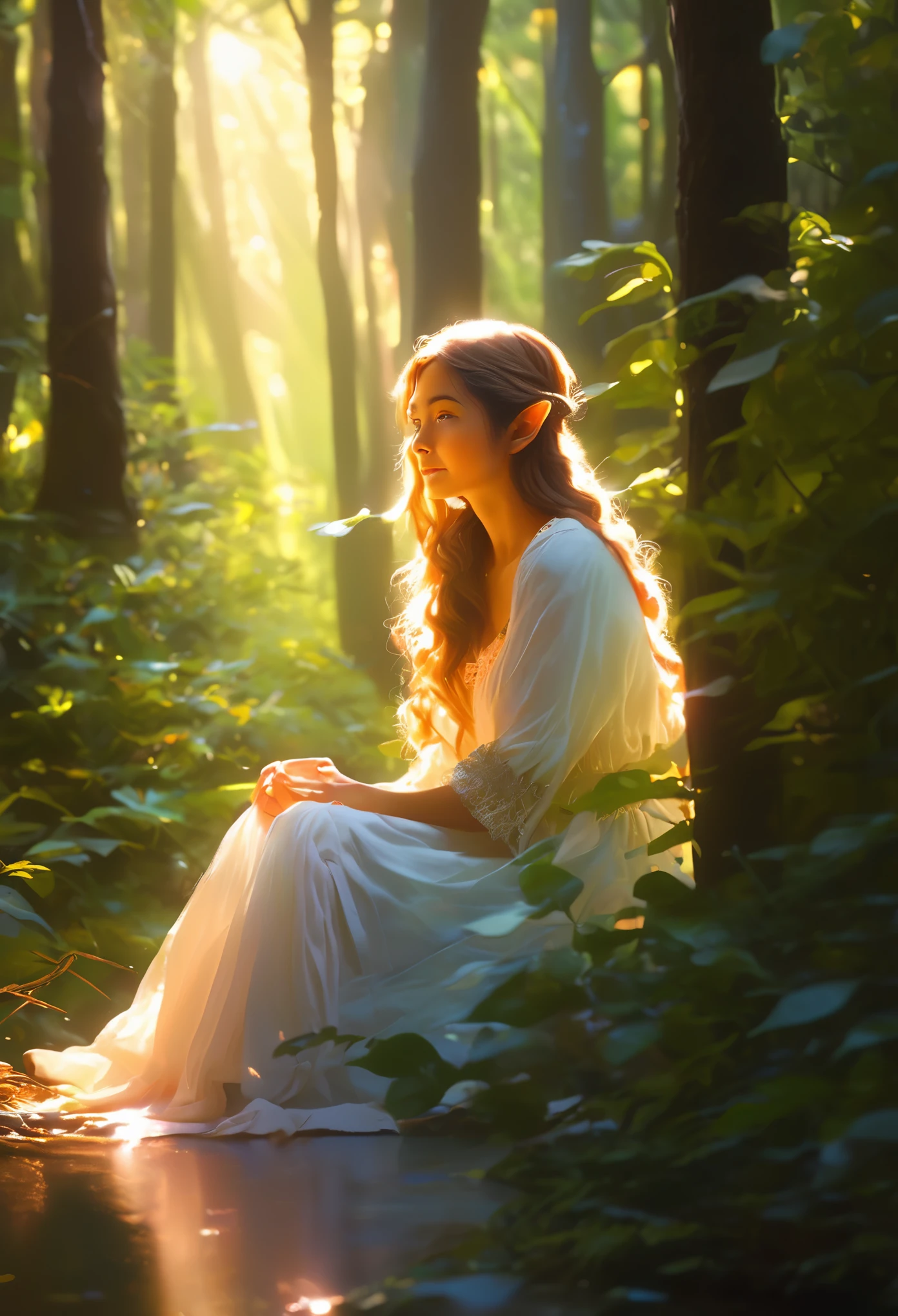 illustration，painting，acrylic painting，Tyndall effect，Tyndall lighting enhancement，Tyndall effect加强，Cute elf girl sitting in dense forest，Beautiful and delicate face，close up，The sun shines through the branches and casts shadows on her face，Strong light and dark，Tyndall effect，Tyndall lighting enhancement，Tyndall effect加强，Realistic light rendering，Realistic ray tracing，Realistic light reflections，8k，Super fine，Super realistic，Extreme details，dynamic perspective
