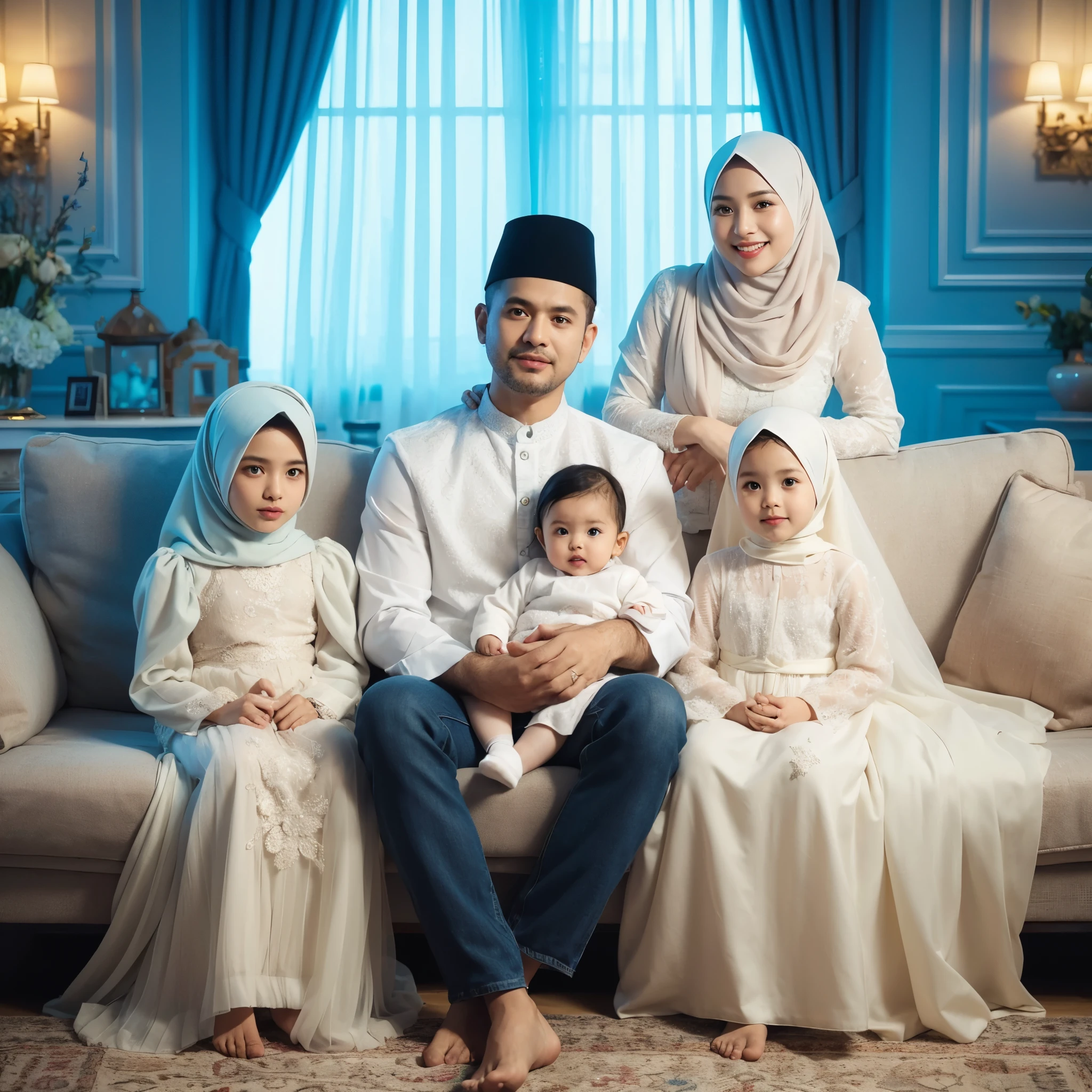 Family photo in Indonesia, five members, father and mother aged 40, two daughters aged 8 and 6 wearing hijabs, and a 2-month-old baby boy. They all wear white shirts and long sharia dresses, in harmony, striking a professional pose, with a luxurious living room background. Realistic, detailed, ultra HD, 8K, photo taken using a Sony camera, bright colors, blue lighting.
