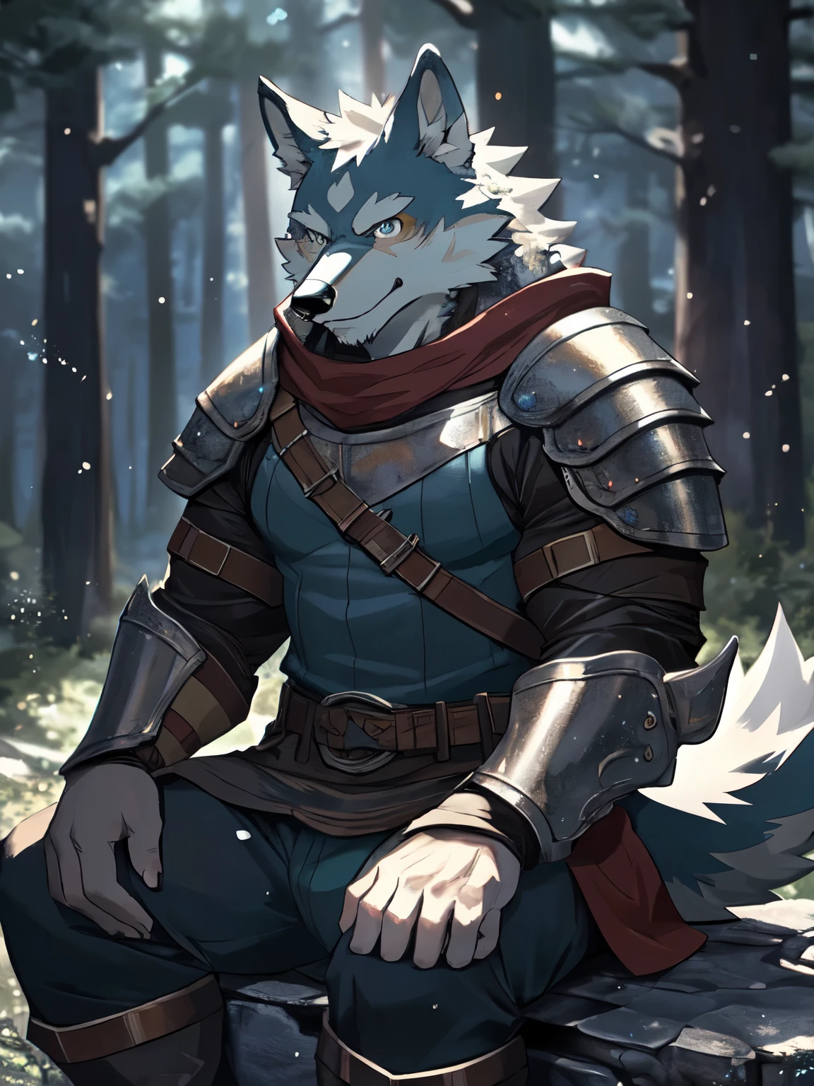 solo, kemono, grey wofl, anthro, male, tail, muscles, handsome, medieval , forest ,armor , stars, sitting, epic, depth of field, perfect lighting, (light particles),(best quality),(masterpiece),(ultra detailed),sharp focus,light particles