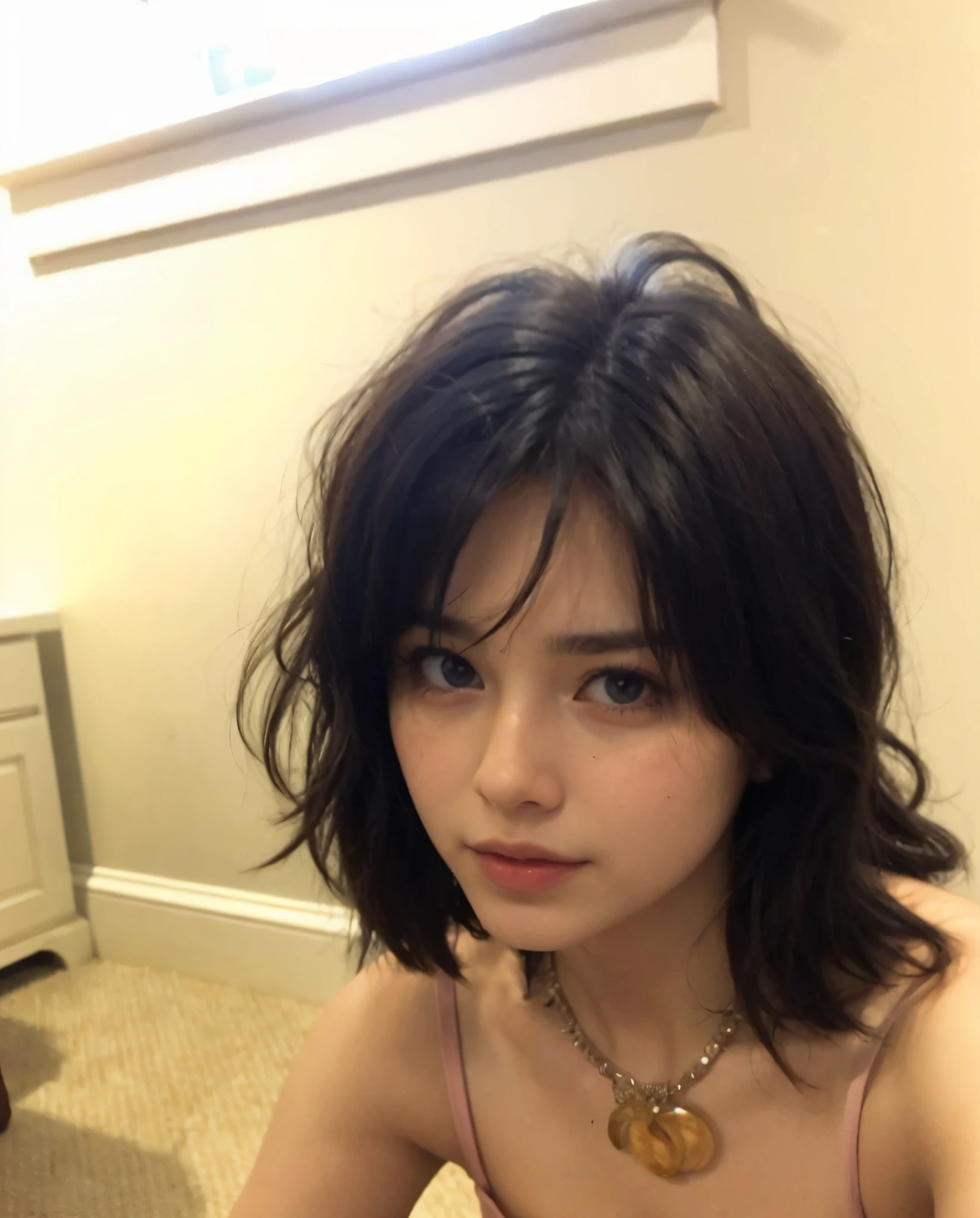 Arafed woman with a collar and necklace sitting in a room., el corte de hime, con pelo corto, con flequillo, she has black hair con flequillo, flequillo de cortina, con pelo corto con flequillo, peinado de corte hime blanco, flequillo esponjoso, joey rey, primera ola, con cara linda - fina, cabello con flequillo blanco, su cabello es natural despeinado