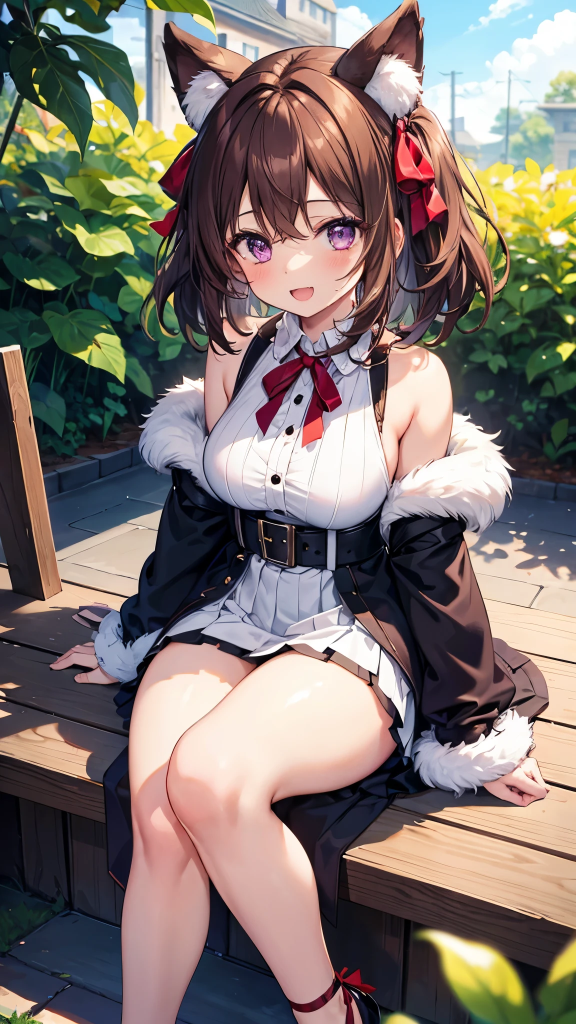1 girl, alone, breasts, Looking at the Viewer, blushing, smiling, open mouth, bangs, medium breasts, brown hair, ribbon, hair between the eyes, bare shoulders, sitting, , purple eyes, ass, :d, thick legs, Thick thighs, outdoor, fang, paddles, red bow, fluff, neck ribbon, solar floor light, fur fang