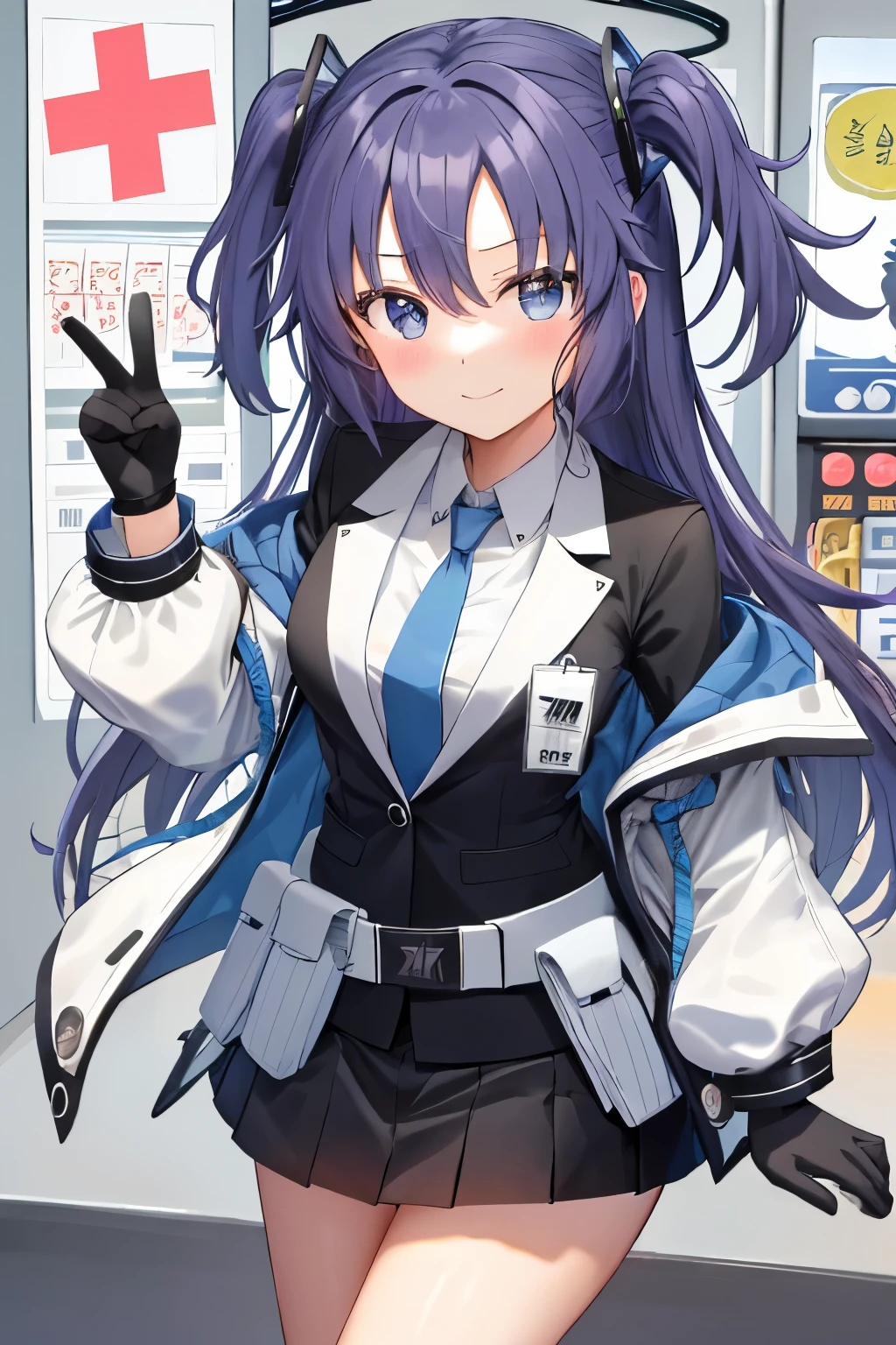 root table top, highest quality, Super detailed, 1 girl, Belt Pouch, 黒いgloves, 黒いJacket, 黒のskirt, 青いtie, closed mouth, Defo, gloves, hair ornaments, half gloves, ID card, Jacket, long sleeve, ミニskirt, 色とりどりのJacket, tie, プリーツskirt, Pouch, shirt, skirt, alone, white belt, 白いJacket, 白のshirt, Yuuka, smile,slot machine、slot machine打つ、pachinko、gambling、gambling