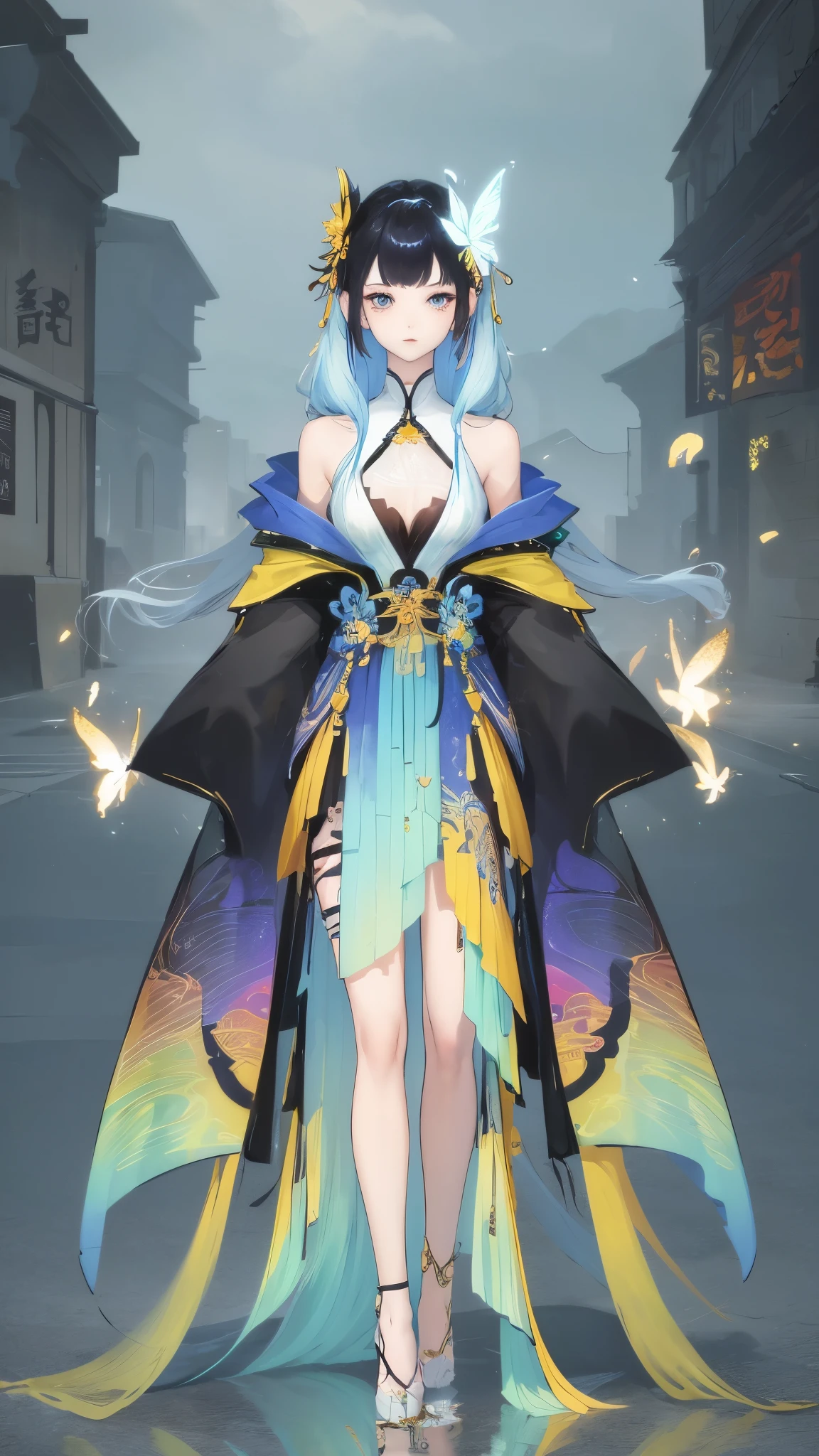 1 girl, masterpiece, Very detailed, ((Light)), (發Light), ((dramatic Lighting)), ((Beautiful and detailed Light)), Full body painting，intricate details, 镜头Light晕, Colorful hair, rainbow hair, long hair, colorful clothes, Butterfly髮飾, Butterfly, (Light particles), faint smile, green eyes, temple, spotLight, dark background, Floating hair, hair accessories, looking at the audience,((colorful))，clear facial features，beautiful eyes，masterpiece