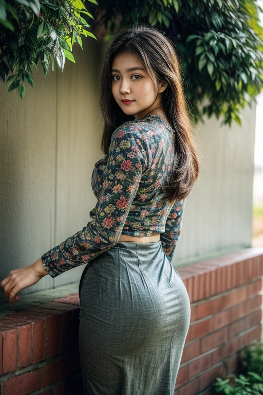 ((Best Quality, 8k, Masterpiece:1.3))), Crisp Focus: 1.2, (Beautiful 20years old cute girl.cute face.with Perfect Figure: 1.4), Long Hair, acmm ls outfit, wearing acmm top, olive red acmm top, long sleeves, wearing acmm long skirt, olive red acmm long skirt, printed skirt, garden background with green tree.view from behind.ultra HD.
