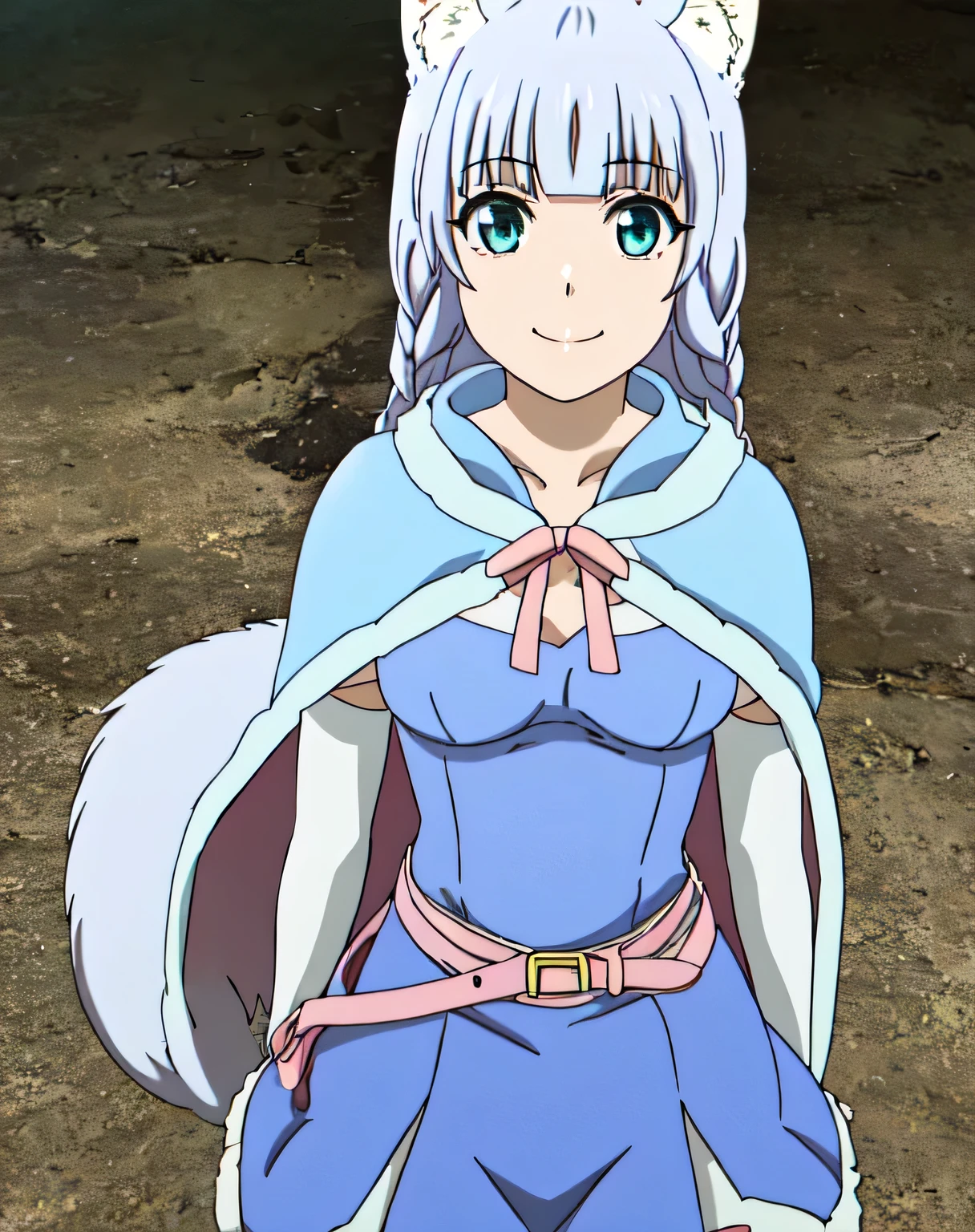 SHIGURE, LONG HAIR, BLUE EYES, ANIMAL EARS, BRAID, GREY HAIR, ANIMAL EAR FLUFF, WOLF EARS, WOLF TAIL, WOLF GIRL, TAIL, SKIRT, CAPE, BLUE SKIRT, CAPELET, SKIRT, THIGHHIGHS, WHITE THIGHHIGHS, 1girl, solo, upper body, facing viewer, (looking at viewer:1.5), in the center, smile,
