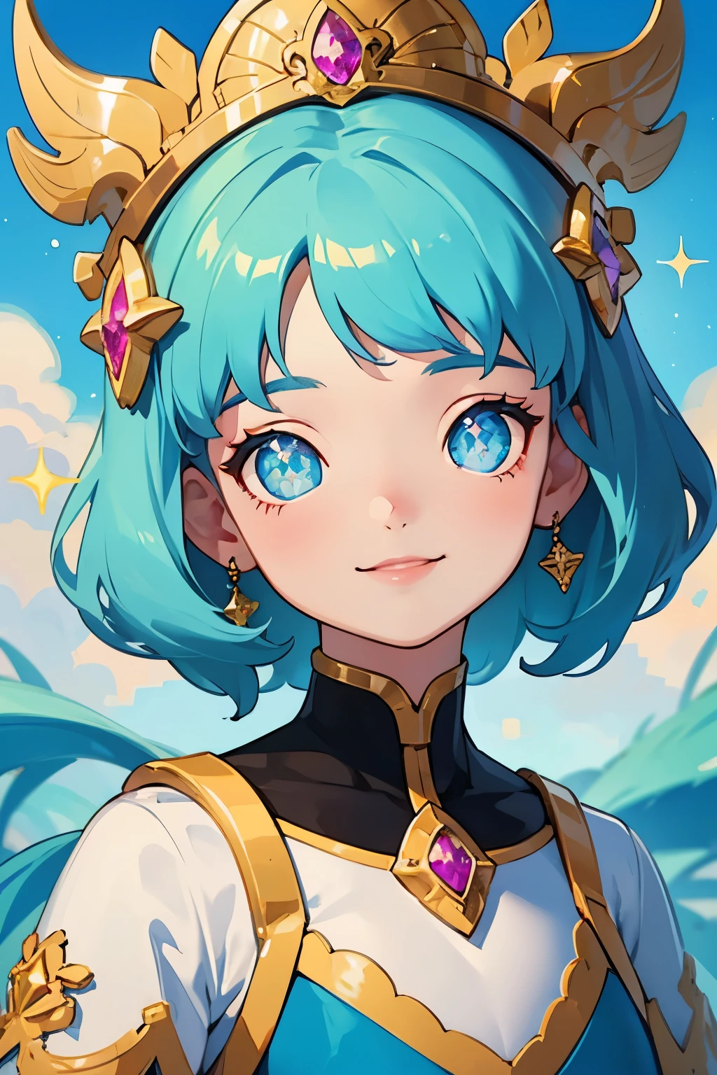 girl with、Clean hair ornament, Cute surreal bodies bien、(Detailed eyes, Eyes Like Gems, Sparkling eyes:1.3) , a smile, Blue sky