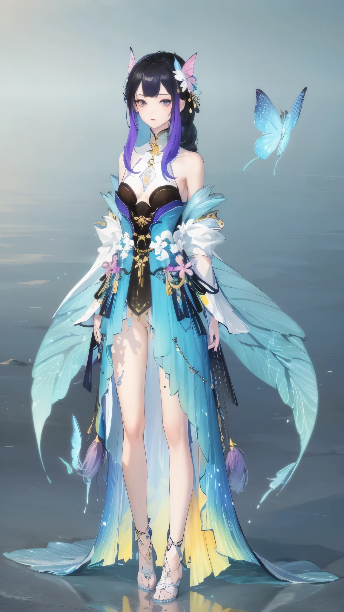 1 girl, masterpiece, Very detailed, ((Light)), (發Light), ((dramatic Lighting)), ((Beautiful and detailed Light)), Full body painting，intricate details, 镜头Light晕, Colorful hair, rainbow hair, long hair, colorful clothes, Butterfly髮飾, Butterfly, (Light particles), faint smile, green eyes, temple, spotLight, dark background, Floating hair, hair accessories, looking at the audience,((colorful))，clear facial features，beautiful eyes，masterpiece