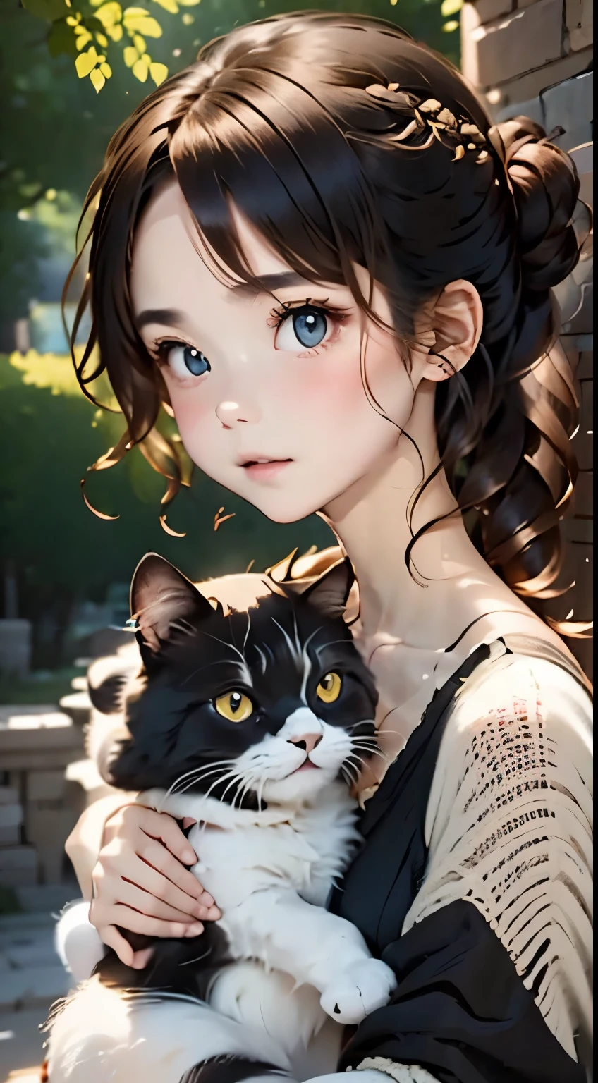 top-quality、Girl holding a black cat、Cute 14 year old girl、Bun hair with brown hair tied、Black cat、Natural look、longshot、Natural light