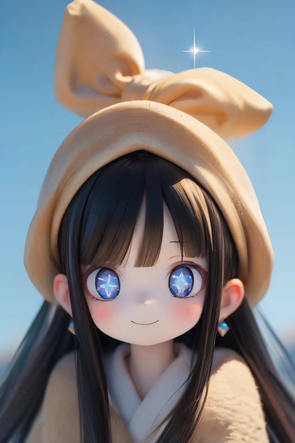 girl with、Clean hair ornament, Cute surreal bodies bien、(Detailed eyes, Eyes Like Gems, Sparkling eyes:1.3) , a smile, Blue sky