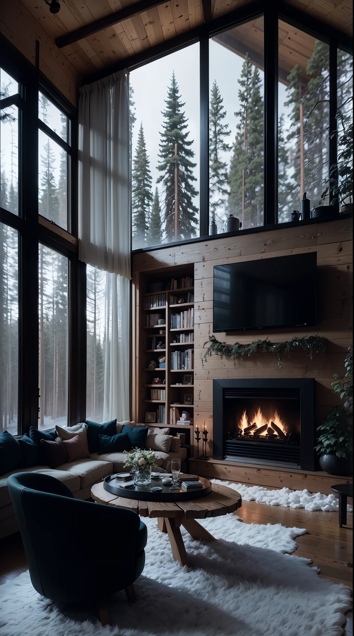 THIS EVENING WOODEN CABIN LIVING ROOM ANIME BACKGROUND, (COZY ATMOSPHERE), (SUBTLE LIGHTING), BRIGHT STONE FIREPLACE FIRE, LIONSKIN RUG THIS EVENING BEST QUALITY, TRANSPARENT GLASS WINDOWS