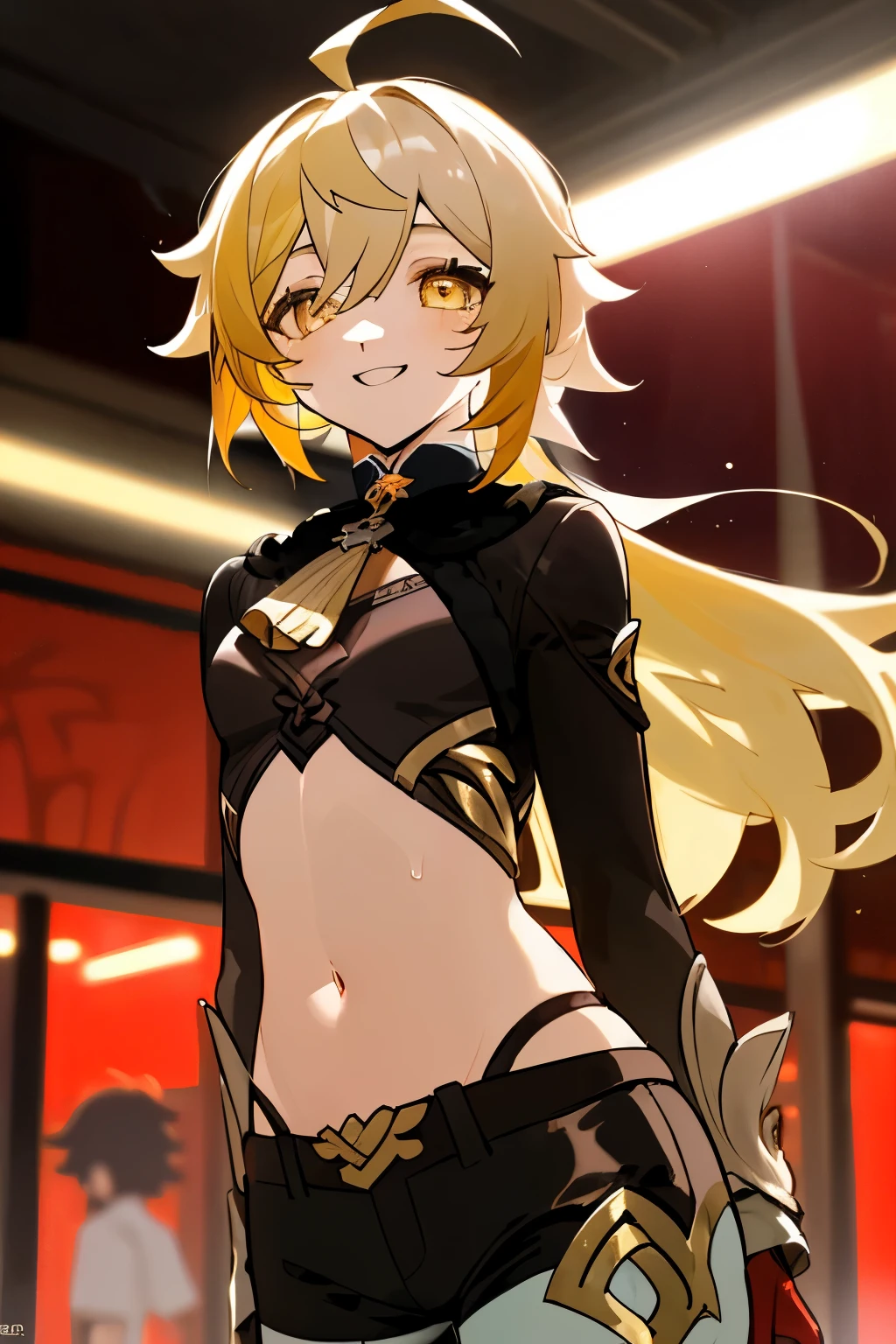 (masterpiece, methodical eyes: 1.2), Super detailed, figure,genshin impact, yellow hair, yellow eyes,long hair,Ahoge,Navel exposed,boy,Shota,hot pants,red light district,smile,sexy