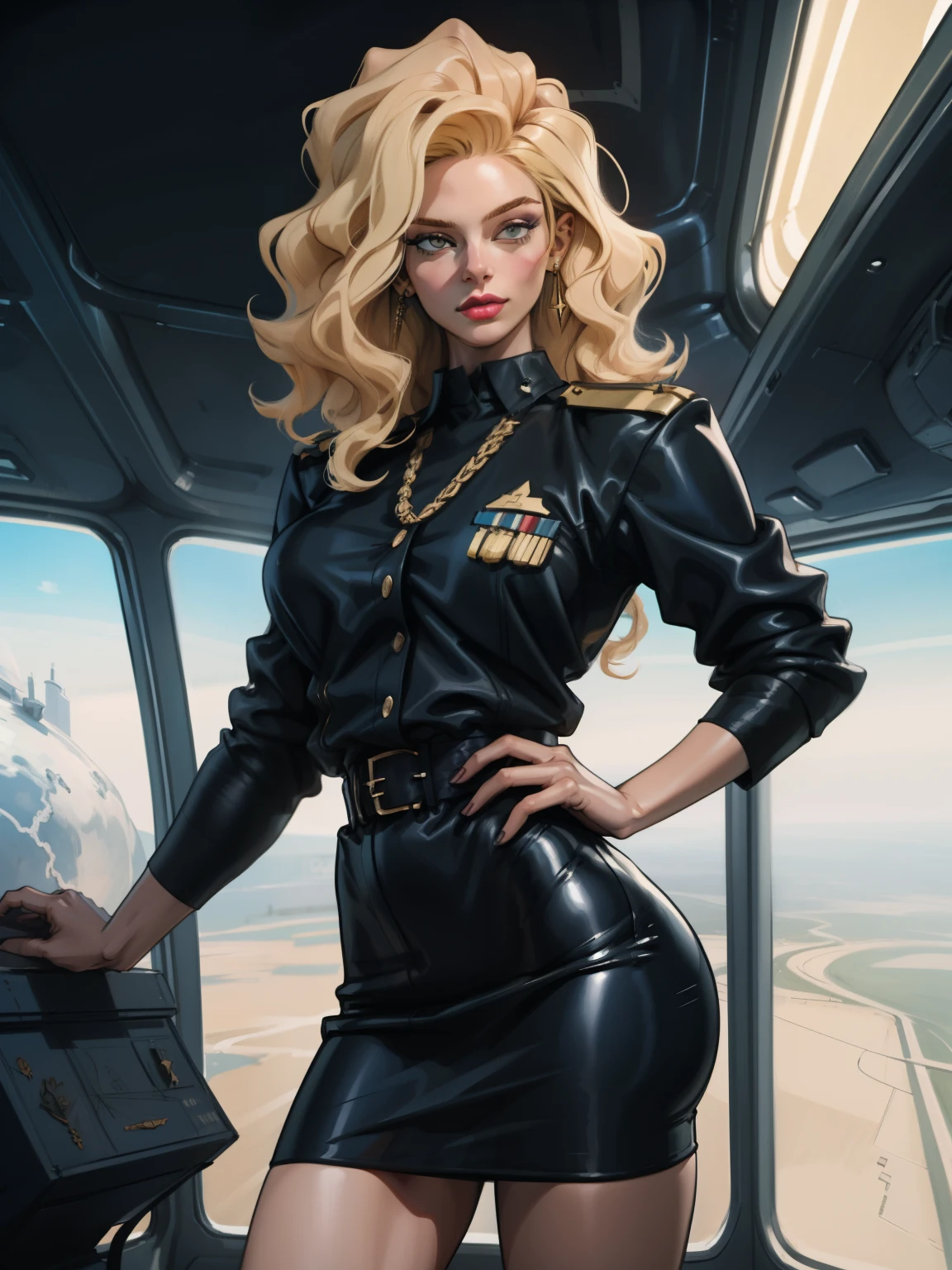 (highest resolution, distinct_image), best quality, masterpiece, highly detailed, semi realistic, a woman with curly blonde hair, mature woman, voluminous blonde hair, black uniform, black pleated skirt, military uniform, medals, magnificent military uniform, beautiful woman, spaceship space, control room, commander