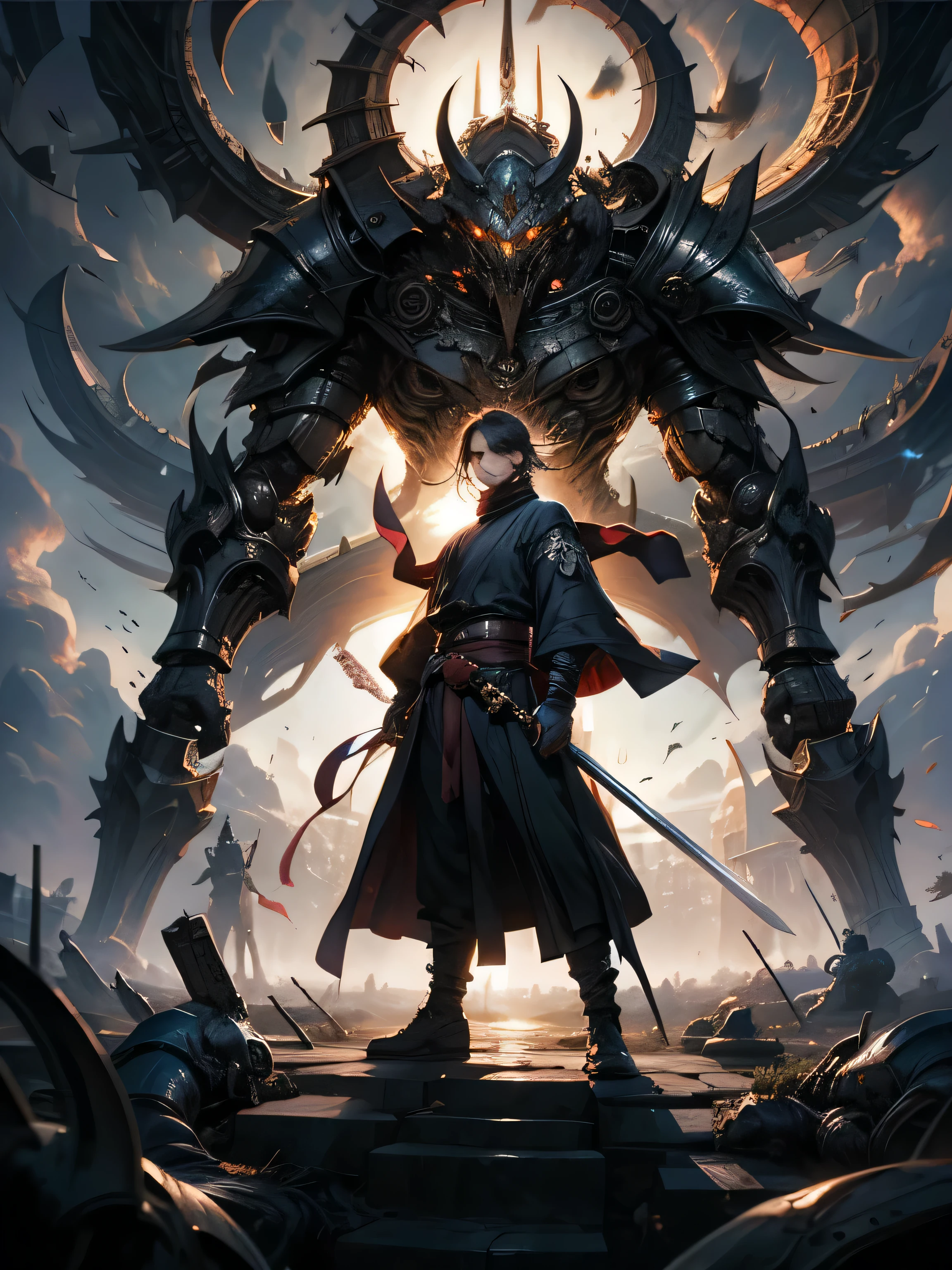 male knight, clear face, boy with outstanding figure, wear white headscarf, Batik long shirt, black robe,  using a long sword, heroic, battlefield , dramatic sunset,  Surrounded by battles, full body view，stand up