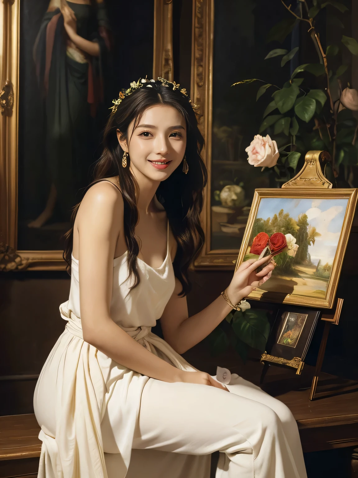 Giorgione painting style,roses in vase、fruits、Cute trinkets、smile、ancient greek costume、Clothes that stretch your shoulders、A big smile、beautiful bare skin,Female painter painting oil in her studio,Woman painting in oil with oil brush and palette,Woman painting oil on canvas