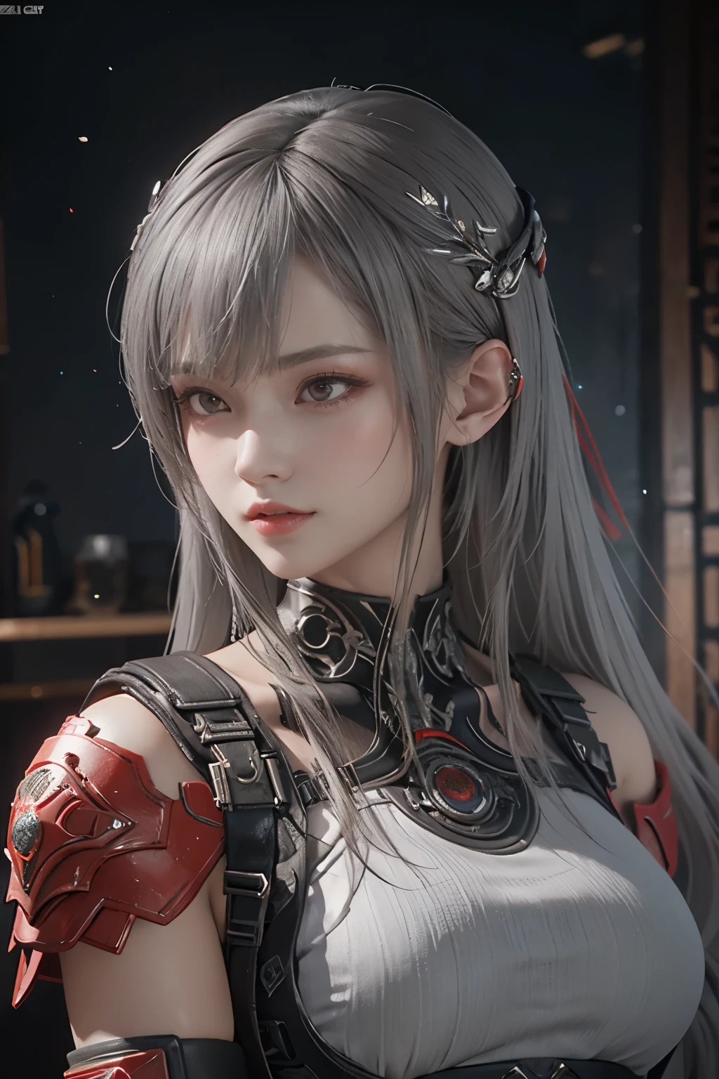 masterpiece,Game Art,Best picture quality,Maximum resolution,8K,(portrait),Unreal Engine 5 rendering works,(Digital Photography),((portrait Feature:1.5)),
20 year old girl,Short hair details,Long bangs,(The red eye makeup is carefully applied),(With long gray hair:1.4),(Large target, Full breasts),Elegance and nobility,Brave and charming,
(The future armor combines the characteristics of Chinese armor,hollow-carved design,Power Armor,Mysterious oriental runes,Exquisite clothing patterns,Magic Flash),Future Warrior,Cyberpunk Characters,War Background,
light,Ray Tracing,Game CG,((3D Unreal Engine)),OC rendering reflection mode