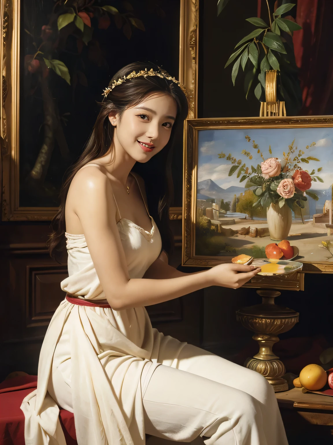 Giorgione painting style,roses in vase、fruits、Cute trinkets、smile、ancient greek costume、Clothes that stretch your shoulders、A big smile、beautiful bare skin,Female painter painting oil in her studio,Woman painting in oil with oil brush and palette,Woman painting oil on canvas