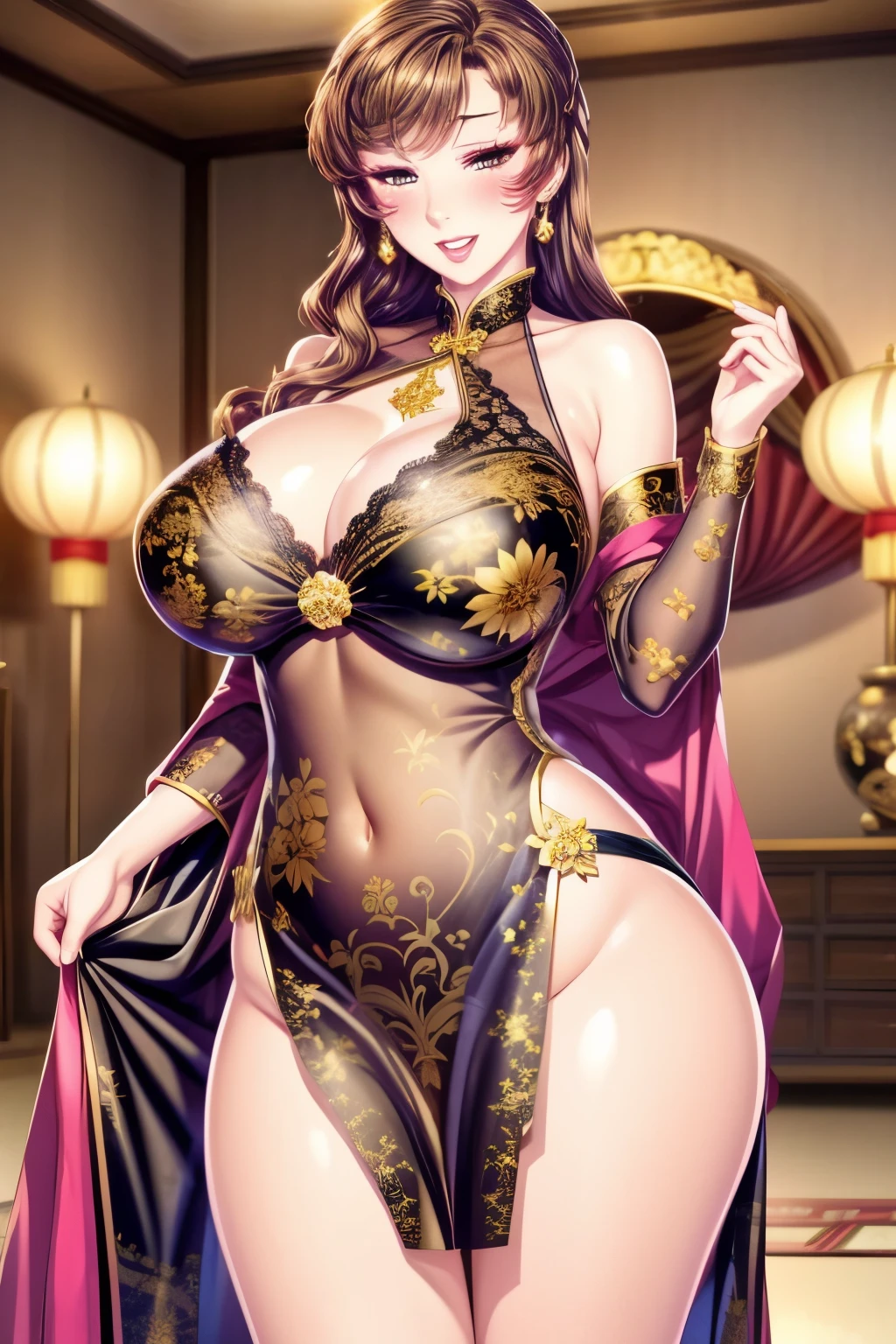 (masterpiece, best quality:1.2), 1 girl, alone,Exquisite hair color，( Wearing a black and gold sheer lace dress:1.2)，High heel,glowing skin，earrings（（（excited expression）））blush，Chinese new year decoration，festive colors，超big breasts,big breasts，large breast size，big breasts, Breasts are large and sagging，Nipple protrusion，pink areola，pink lips