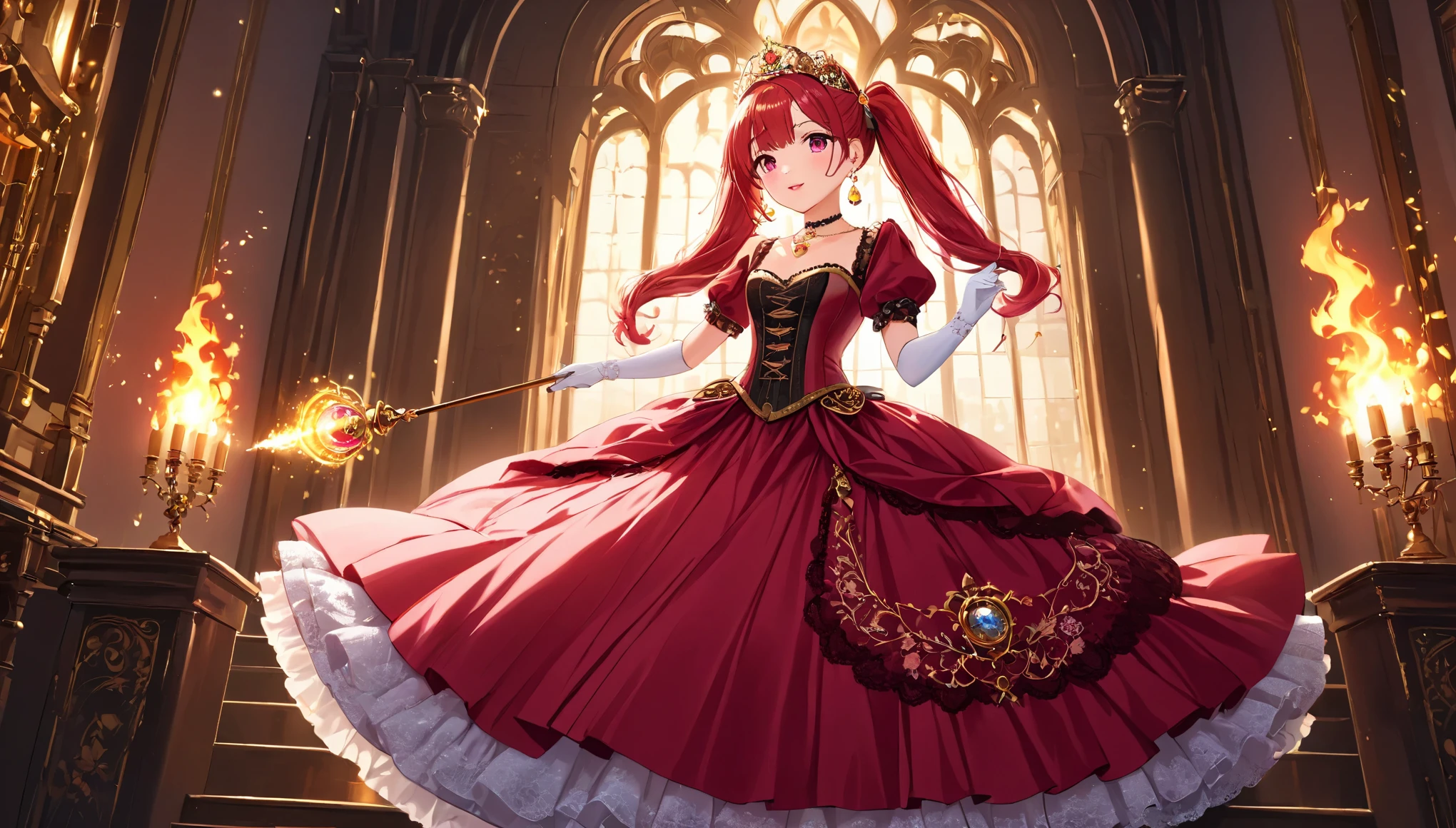 (best quality,4k,8k,highres,masterpiece:1.2),ultra-detailed, Pretty 15 years old princess, drawn in anime style, is cute and happy, long red pigtails hair, pink eyes, small breast, makeup and lipstick, steampunk, red ball gown with puffy sleeves,physically-based rendering,gorgeous dress design,flowing gown,elaborate lace details,rich textures,contrast stitching,delicate ribbon bows,floral accents,full skirt,short sleeves,fitted waistline,lace-up back,luxurious fabrics,flawless silhouette, petticoat, bustle, corset, hair ribbons, white elbow gloves, ruby earrings and necklace, gold tiara, high heels, wielding a fire magic wand, standing in castle bedroom, highly detailed, 4K.