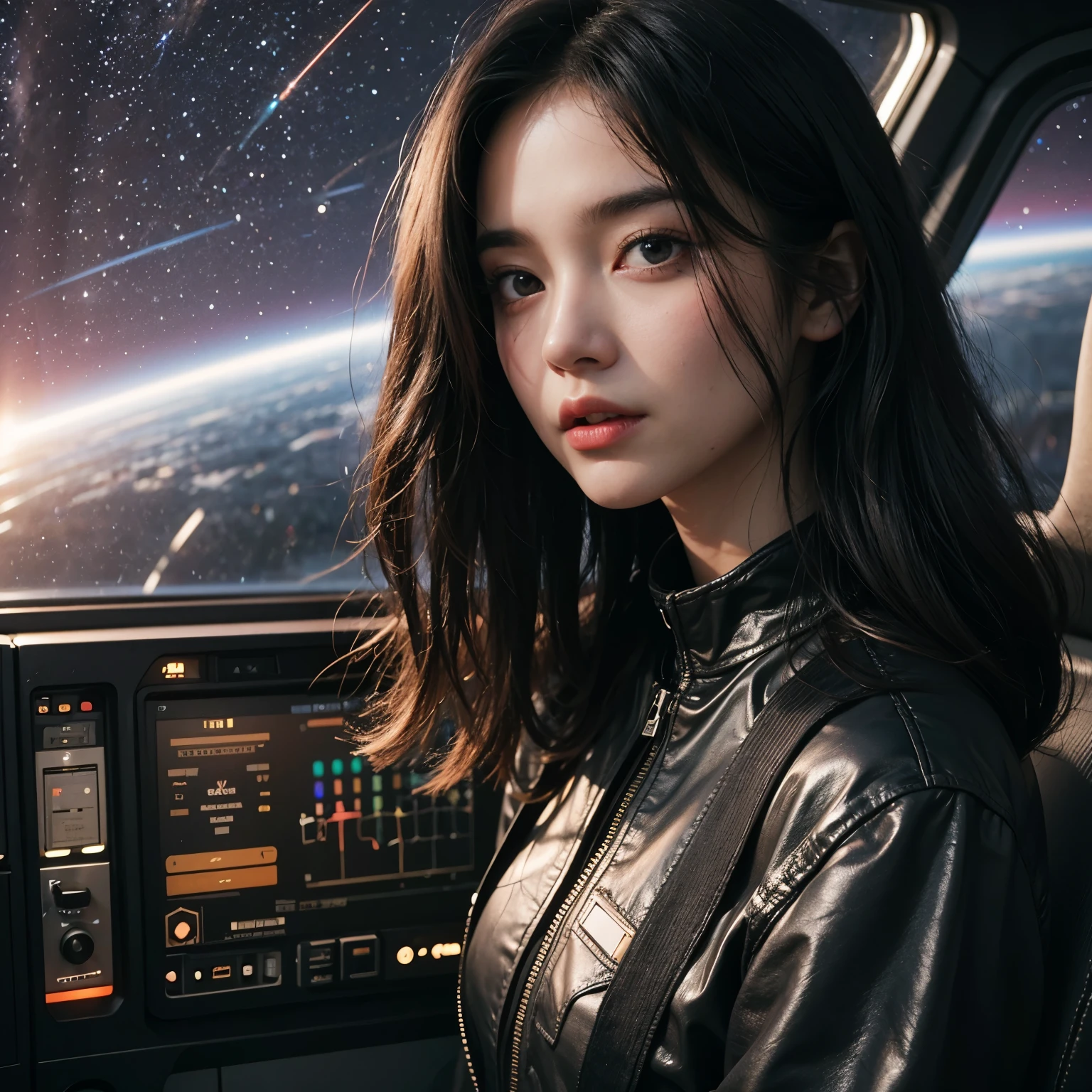 (masterpiece, top quality, best quality, extreme detailed, highest detailed, official art, beautiful and aesthetic:1.2), colorful, cowboy shot, beautiful face, solo, perfect body, 1girl, in space, spacecraft, spacesuit, sun rays, indoors, (wires and cables:1.1), (science fiction:1.2), porthole, illuminator, stars,fantasy, high contrast, ink strokes, explosions, over exposure, purple and red tone impression , abstract, ((watercolor painting by John Berkey and Jeremy Mann )) brush strokes, negative space, masterpiece,ultra realistic,32k,extremely detailed CG unity 8k wallpaper, best quality