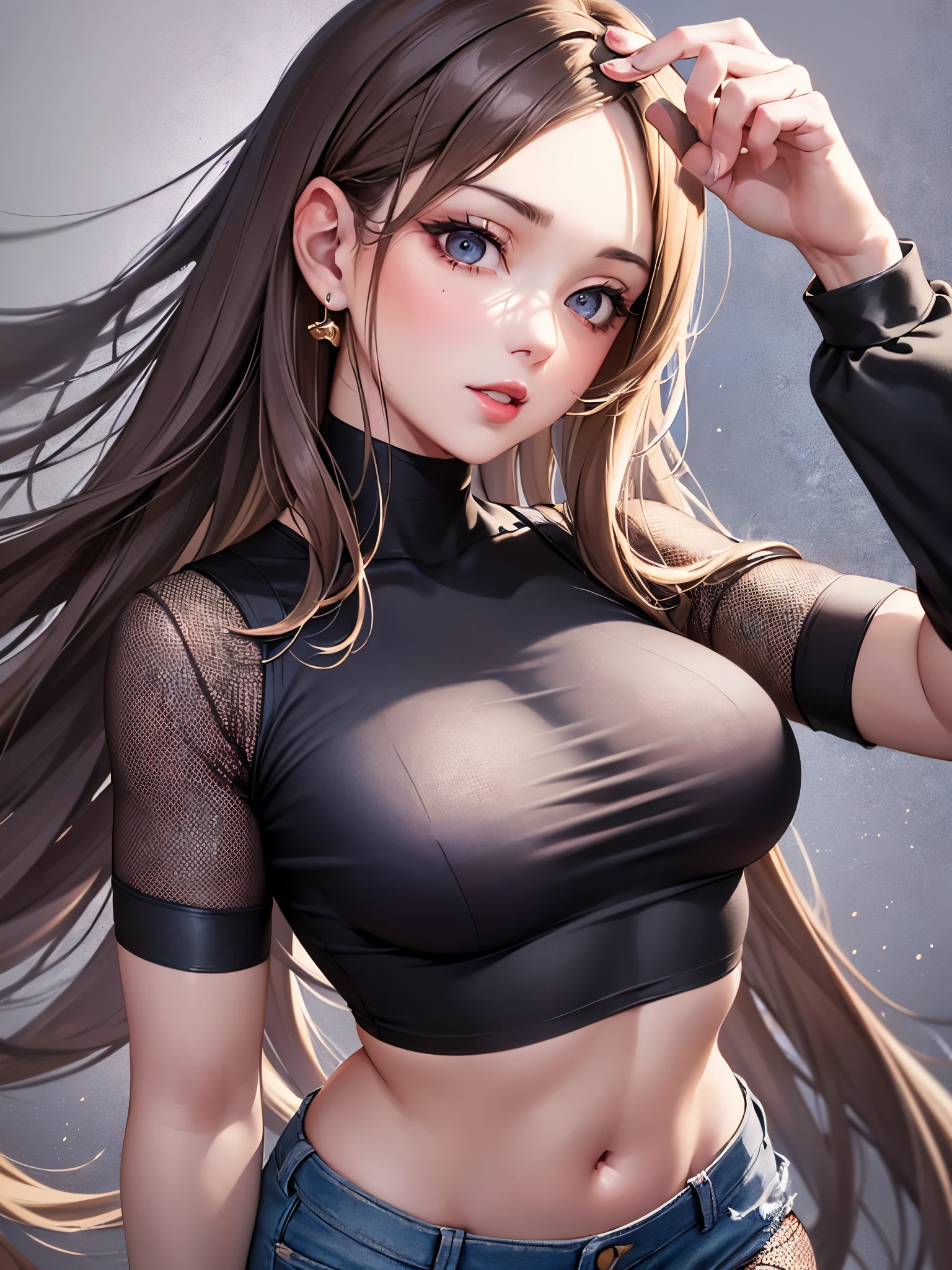 ((highest quality)),(ultra high resolution),(Super detailed),(detailed description),((best CG)),(best work of art),super precision art,amazing drawing art,(Art with precise details:1.5), (adult women:1.5),(beautiful and well-shaped face:1.6),(Mesh crop top T-shirt:1.5),(hot pants:1.4),