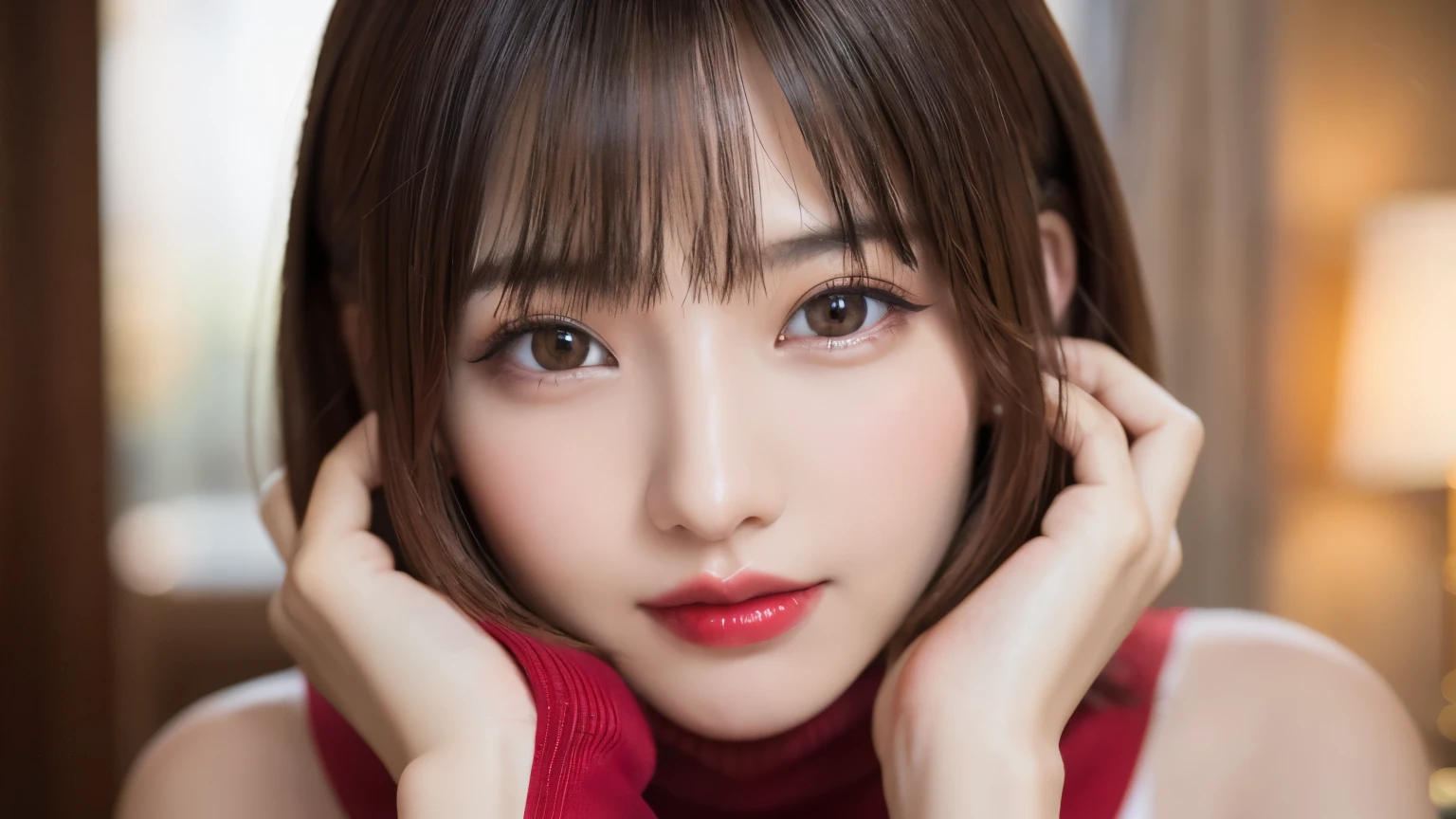 (highest quality、table top、8k、best image quality、Award-winning work)、(one young girl, 14 years old:1.3)、(Perfect V-neck red long knit sweater:1.2)、(red eyeshadow:1.2)、perfect makeup、long eyelashes、Super high-definition sparkling eyes、ultra high definition hair、ultra high resolution glossy lips、Super high resolution perfect teeth、Super high resolution cute face、brown hair、(very short straight hair:1.1)、look at me and smile、[clavicle]、accurate anatomy、(close up of face:1.5)、Luxury love hotel、(The most moody warm lighting:1.2)、blurred background、With bangs、Super high-resolution glossy and moisturized face、Super high-resolution glowing skin、most detailed face、Ultra high resolution detailed faces、ultra high resolution hair、Super high resolution sparkling eyes、Beautiful face drawn in every detail、Super high resolution glossy red lips