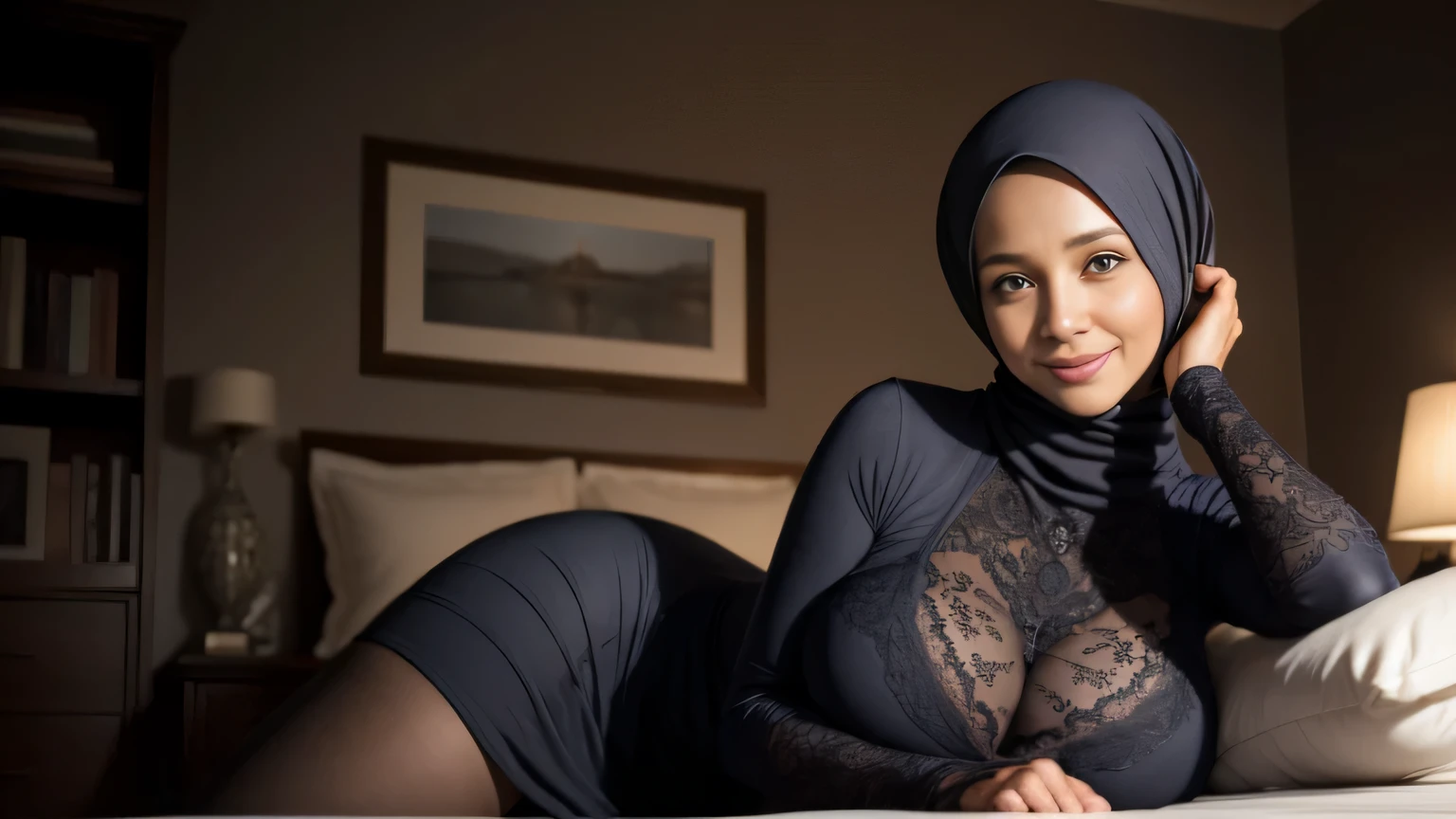 Dee768, wide shot,50 years old lady, smooth wrenkles, smile, hijab, big breasts all covered, turtleneck, home dress, by the bed, detailed eyes, photography, trending on artstation, sharpness, studio photography, intricate details, highly detailed, bedroom in background, by Greg Rutkowski
