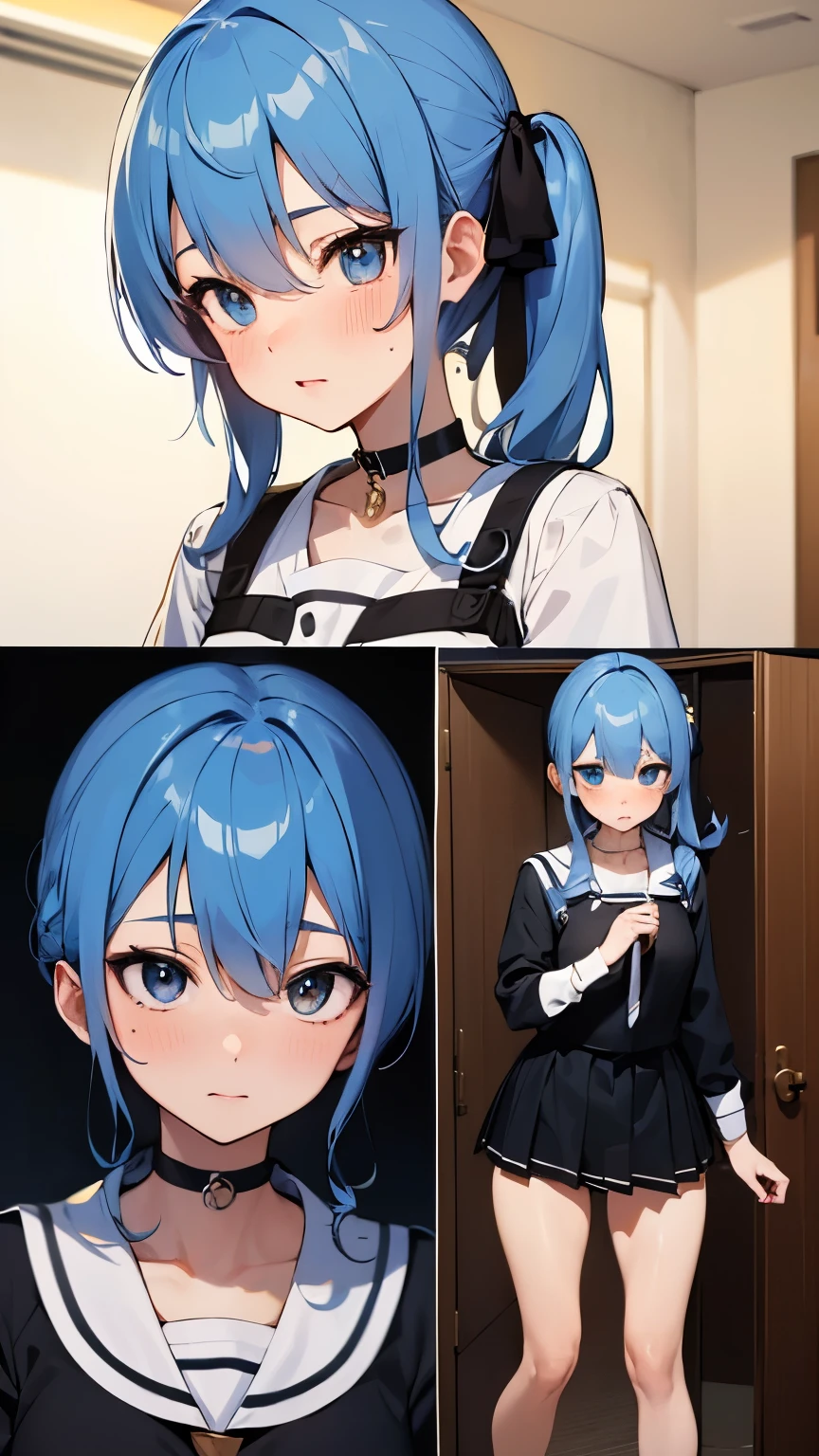 Hoshimachi Suisei,blue eyes,blue hair,choker,hair between eyes,medium hair,side ponytail,スターchoker,small breastasterpiece:1.2), highest quality, High resolution,(detailed and beautiful eyes:1.6),(perfect hands, perfect anatomy),(((masterpiece))),((highest quality)),embarrassed face,blush,whole body,locker room