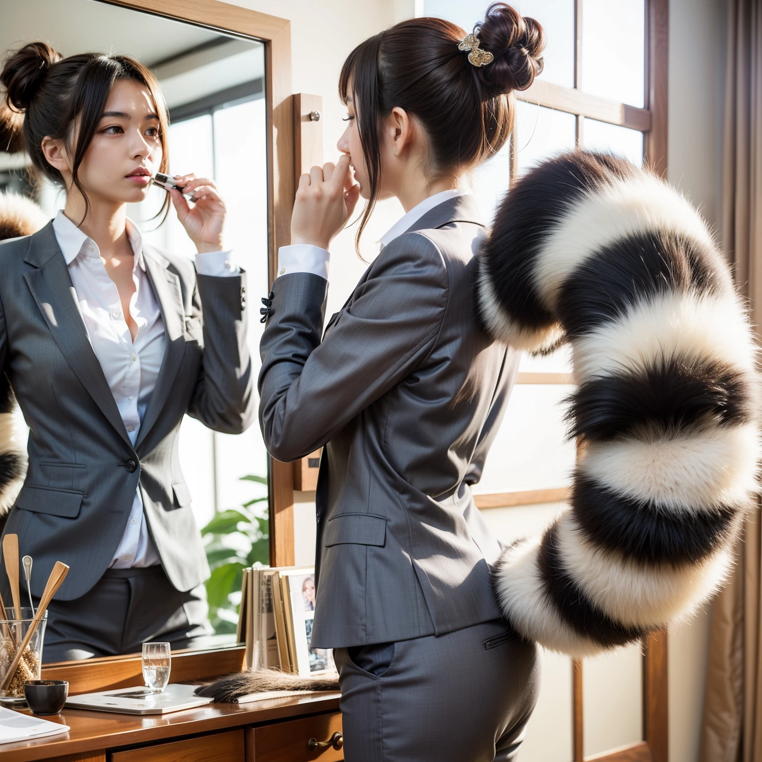 A woman wearing a suit is touching her hair in front of the mirror, Tanuki tail, software version, Realistic style on pixiv, pov furry art, (software) safe for work, With mirror, software, Super realistic, realistic reflection, photograph, highest quality, bushy tail, skirt