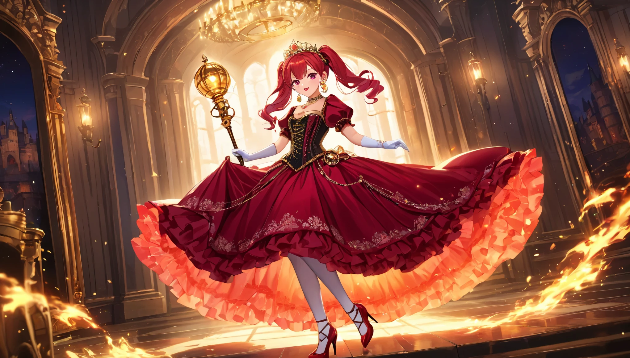 (best quality,4k,8k,highres,masterpiece:1.2),ultra-detailed, Pretty 15 years old princess, drawn in anime style, is cute and happy, long red pigtails hair, pink eyes, small breast, makeup and lipstick, steampunk, red ball gown with puffy sleeves,physically-based rendering,gorgeous dress design,flowing gown,elaborate lace details,rich textures,contrast stitching,delicate ribbon bows,floral accents,full skirt,short sleeves,fitted waistline,lace-up back,luxurious fabrics,flawless silhouette, petticoat, bustle, corset, hair ribbons, white elbow gloves, ruby earrings and necklace, gold tiara, high heels, wielding a fire magic wand, standing in castle bedroom, highly detailed, 4K.