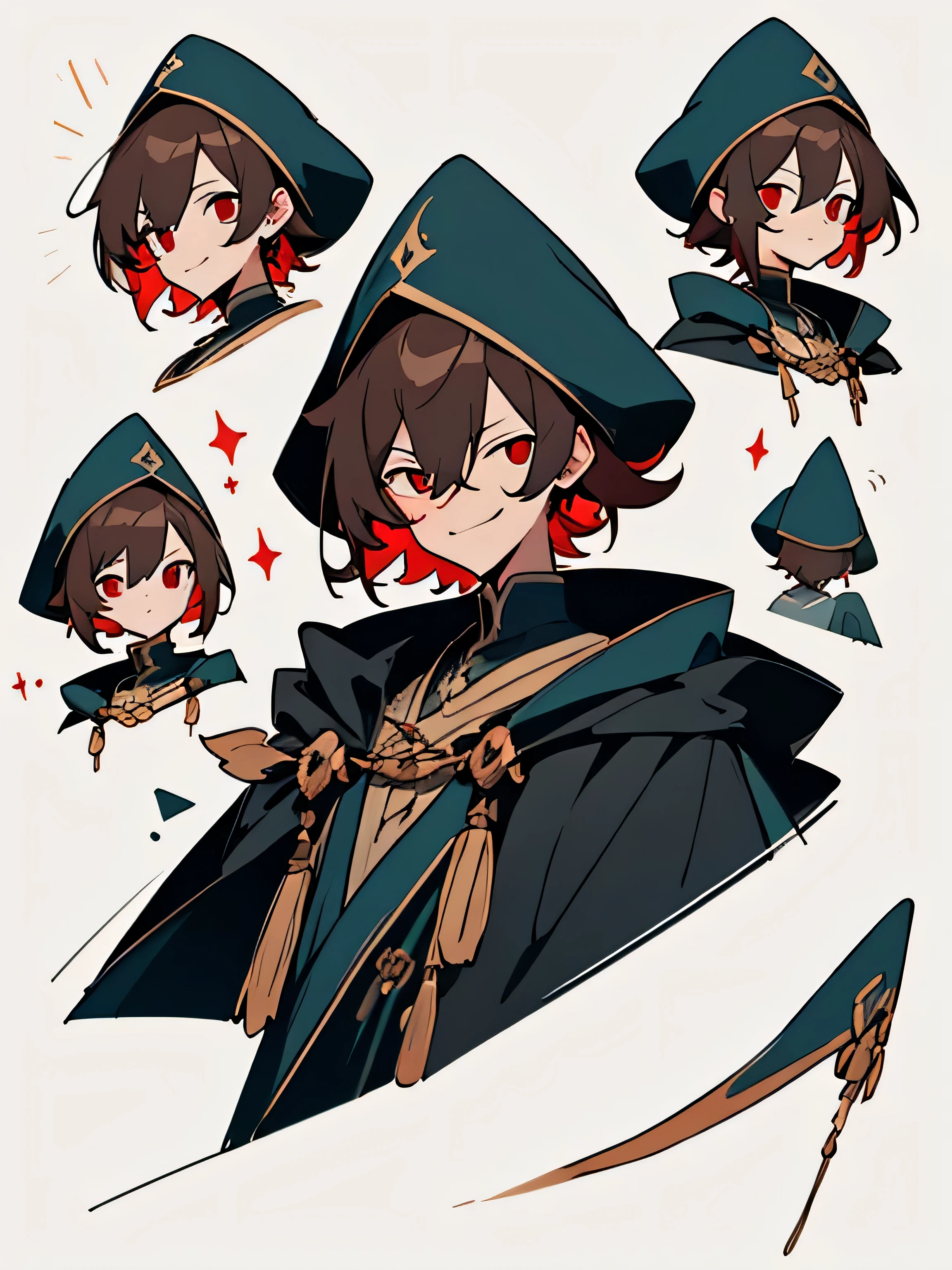 ((best quality)), ((Masterpiece)), (details), perfect face, man, Dark Brown, short hair, black coat, conjunctivitis, The wizard has, Soft smile
