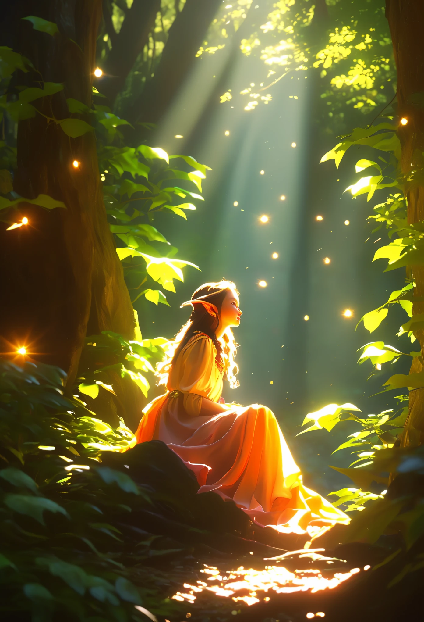 illustration,painting,acrylic painting,Tyndall effect,Tyndall lighting enhancement,Tyndall effect加强,Cute elf girl sitting in dense forest,look up,Beautiful and delicate face,Close-up strengthened,The sun shines through the branches and casts shadows on her face,Strong light and dark,Tyndall effect,Tyndall lighting enhancement,Tyndall effect加强,Realistic light rendering,Realistic ray tracing,Realistic light reflections,8k,Super fine,Super realistic,Extreme details,dynamic perspective