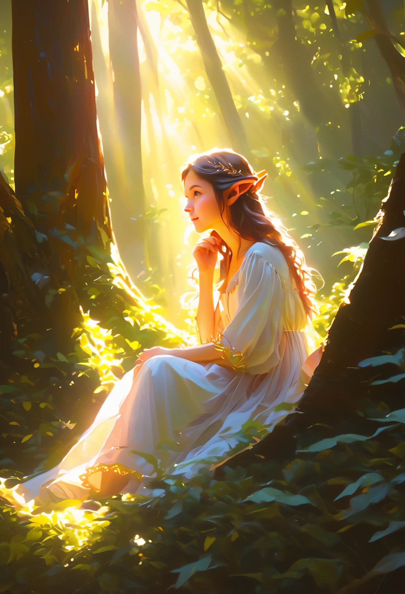 illustration,painting,acrylic painting,Tyndall effect,Tyndall lighting enhancement,Tyndall effect加强,Cute elf girl sitting in dense forest,look up,Beautiful and delicate face,Close-up strengthened,The sun shines through the branches and casts shadows on her face,Strong light and dark,Tyndall effect,Tyndall lighting enhancement,Tyndall effect加强,Realistic light rendering,Realistic ray tracing,Realistic light reflections,8k,Super fine,Super realistic,Extreme details,dynamic perspective