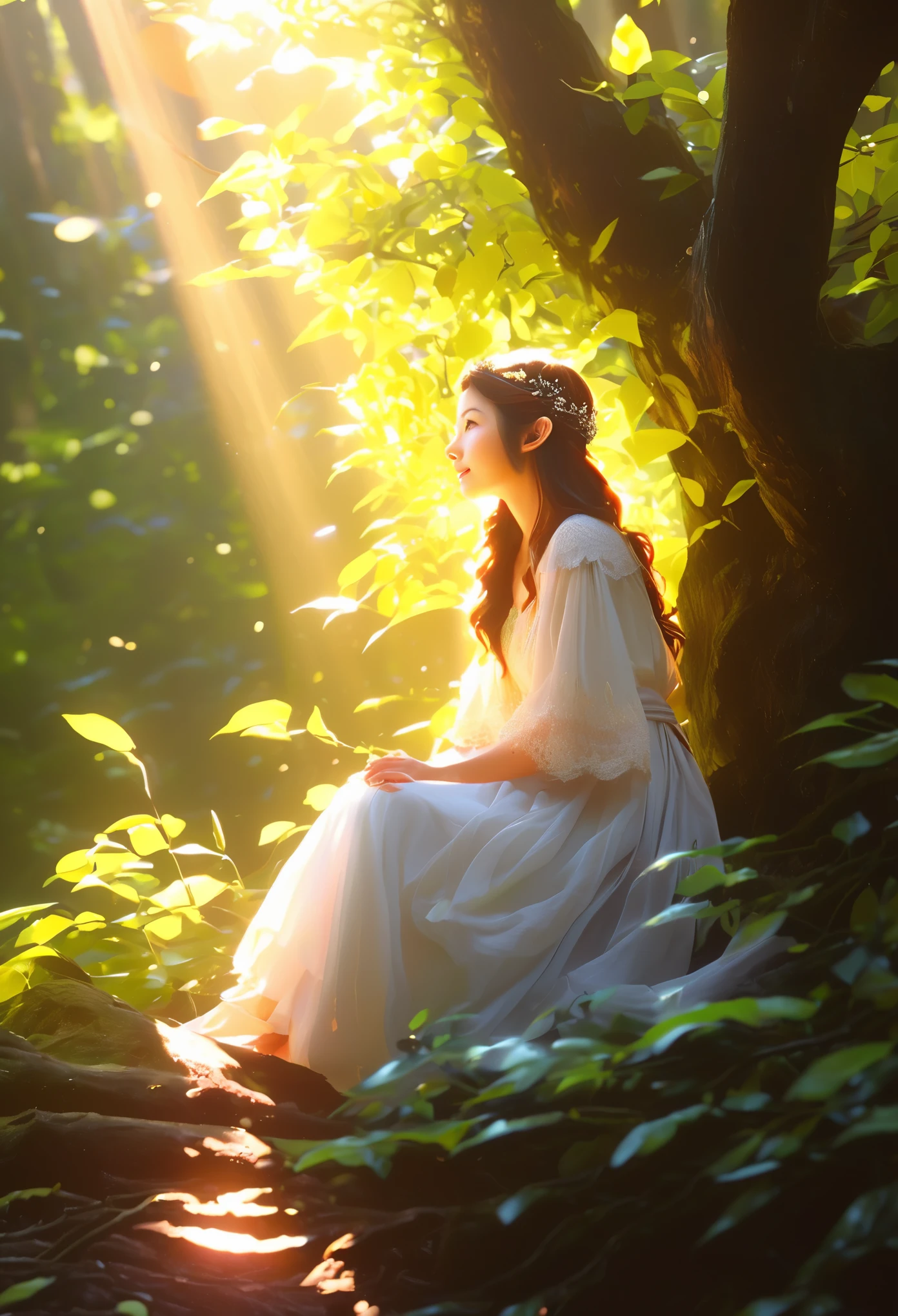 illustration，painting，acrylic painting，Tyndall effect，Tyndall lighting enhancement，Tyndall effect加强，Cute elf girl sitting in dense forest，look up，Beautiful and delicate face，Close-up strengthened，The sun shines through the branches and casts shadows on her face，Strong light and dark，Tyndall effect，Tyndall lighting enhancement，Tyndall effect加强，Realistic light rendering，Realistic ray tracing，Realistic light reflections，8k，Super fine，Super realistic，Extreme details，dynamic perspective