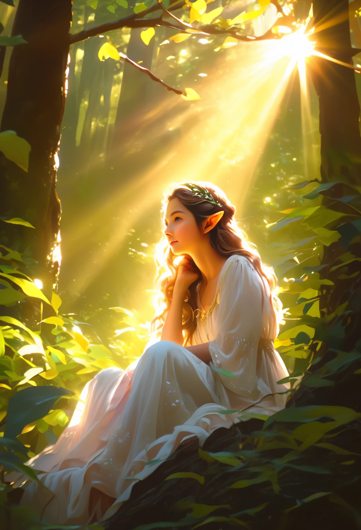 illustration,painting,acrylic painting,Tyndall effect,Tyndall lighting enhancement,Tyndall effect加强,Cute elf girl sitting in dense forest,look up,Beautiful and delicate face,Close-up strengthened,The sun shines through the branches and casts shadows on her face,Strong light and dark,Tyndall effect,Tyndall lighting enhancement,Tyndall effect加强,Realistic light rendering,Realistic ray tracing,Realistic light reflections,8k,Super fine,Super realistic,Extreme details,dynamic perspective