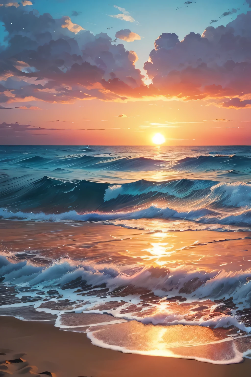 The endless blue sea sparkles in the sun,The waves gently lapping against the reef on the shore,Make a soft sound。on the distant horizon,The sun is setting slowly,dye the sky golden red。on the beach,Soft sand sparkles in the sun,HD,4k,best quality,Hayao Miyazaki style