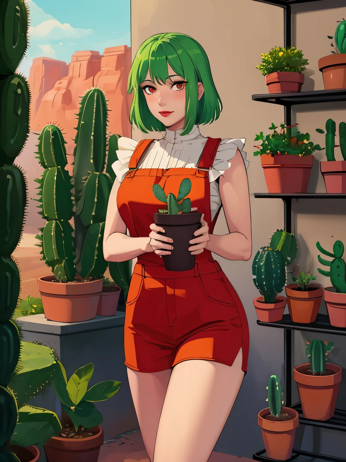 (masterpiece, best quality:1.2), aka6, 1girl, solo, green hair, medium hair, red eyes, lips, red lips, closed mouth, blush, orange overall, thighs, in desert, cactus in background, holding plant pot with cactus, plant pot with cactus in hands