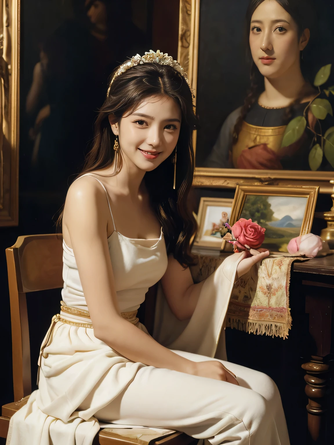 Giorgione painting style,roses in vase、fruits、Cute trinkets、smile、ancient greek costume、Clothes that stretch your shoulders、A big smile、beautiful bare skin,Female painter painting oil in her studio,Woman painting in oil with oil brush and palette,Woman painting oil on canvas